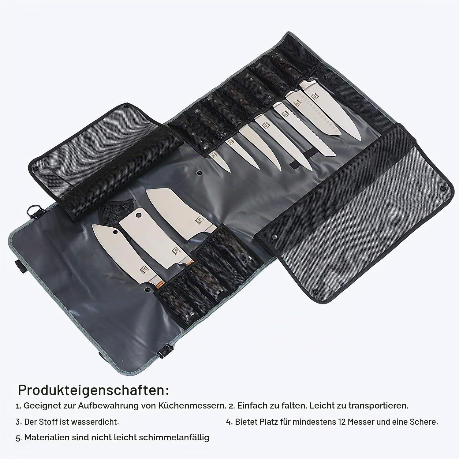 zayiko Messertasche Rolltasche für 12 Küchenmesser und 1 Schere bis 25 cm