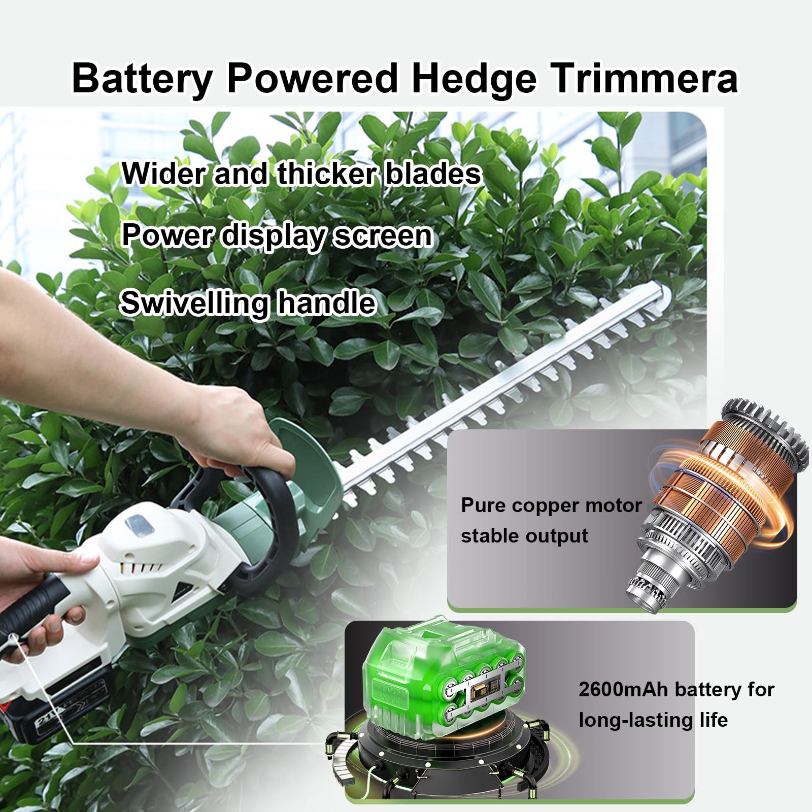 Cortasetos inalámbrico, Cuchilla de 51 cm, Cortador Ligero. Incluye 2 baterías de 21 V y 2600 mAh. Interruptor de Arranque Doble para jardín, arbustos y césped.