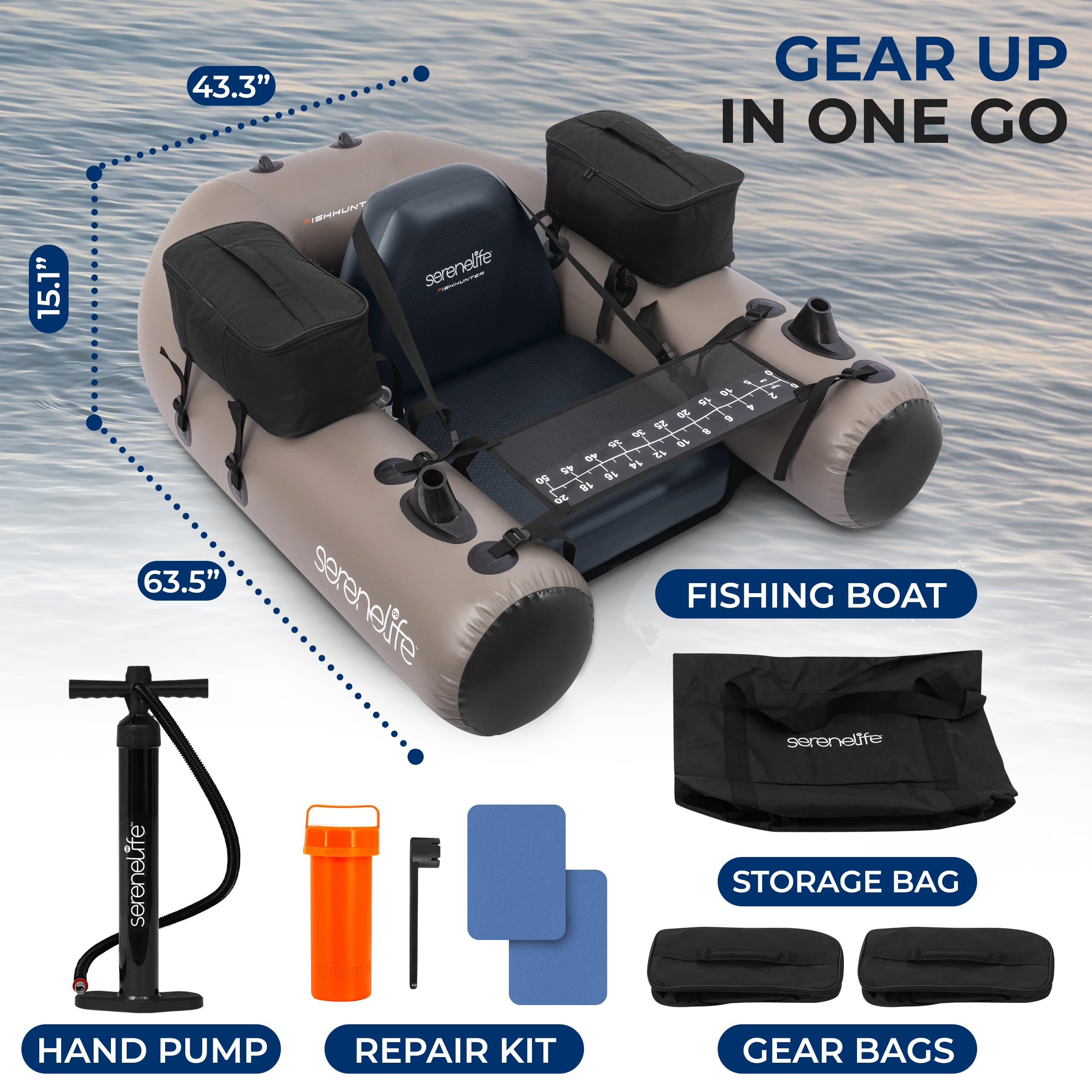SereneLife dmuchany ponton wędkarski – PVC belly boat do wędkowania z uchwytami na wędki, 2 wodoodporne kieszenie, miarka do ryb, udźwig 220 lbs