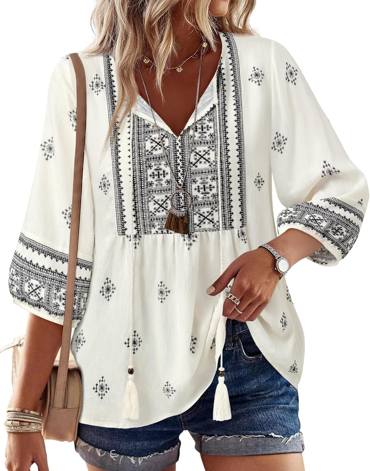 Vivilli Womens Summer Boho Babydoll Tops 3/4 Sleeve Pleated Peplum Blouses Casual V Neck Tie Front Fall Tunic Tops