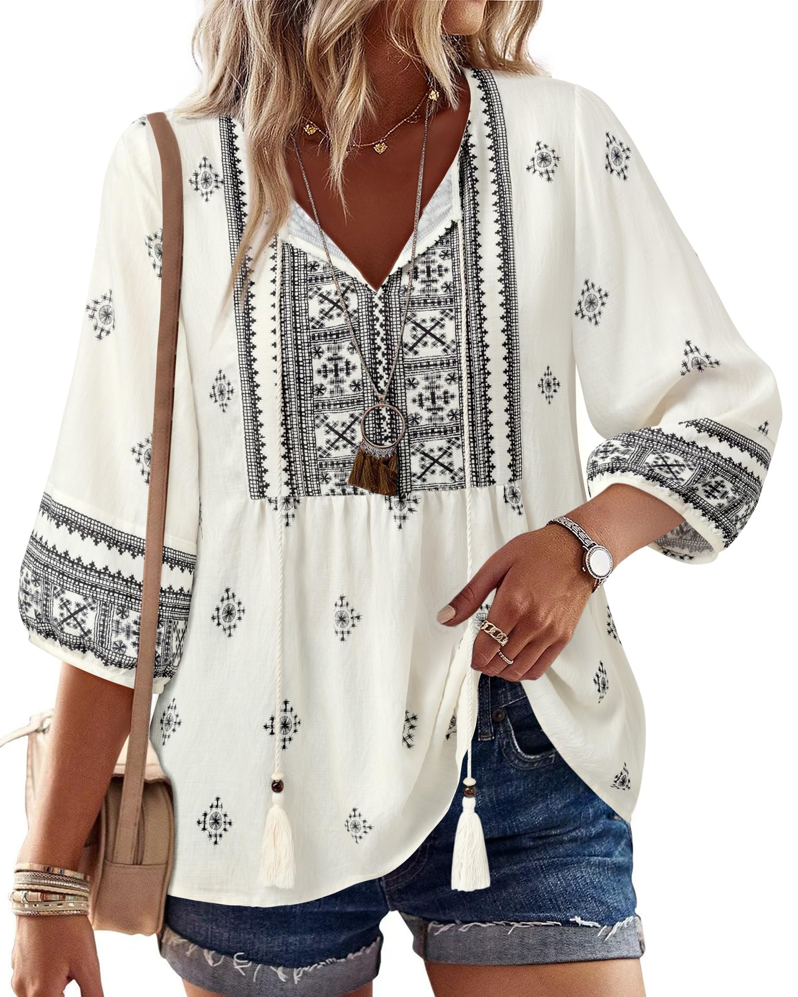 Vivilli Womens Summer Boho Babydoll Tops 3/4 Sleeve Pleated Peplum Blouses Casual V Neck Tie Front 2026 Tunic Tops