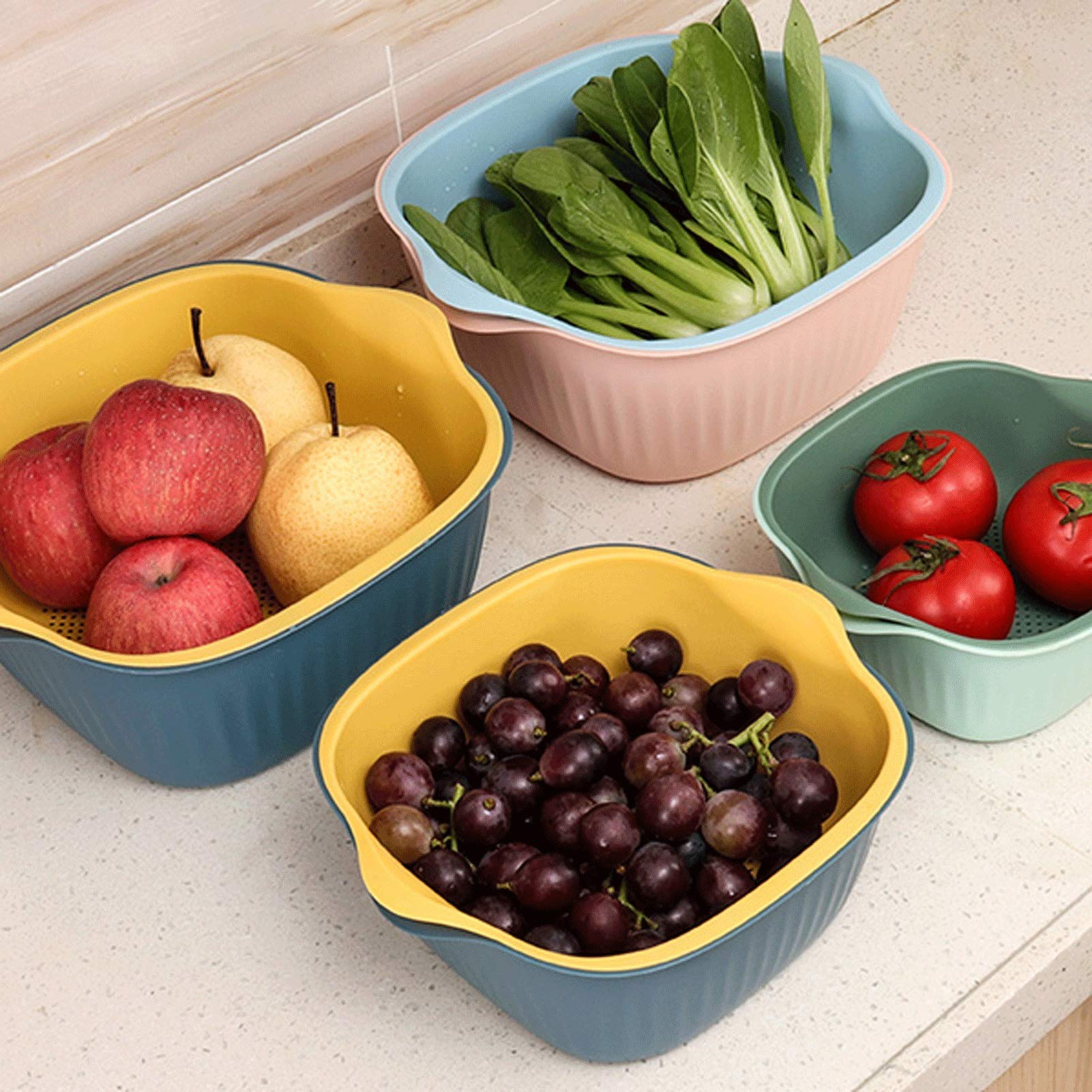 Cesta de colador 2 en 1 Cesta de Lavado de Lavado de plástico con tazón Doble de Cola Doble/Filtro for Lavar Frutas y Verduras en la Cocina (Azul) Cesta de colador de Cocina