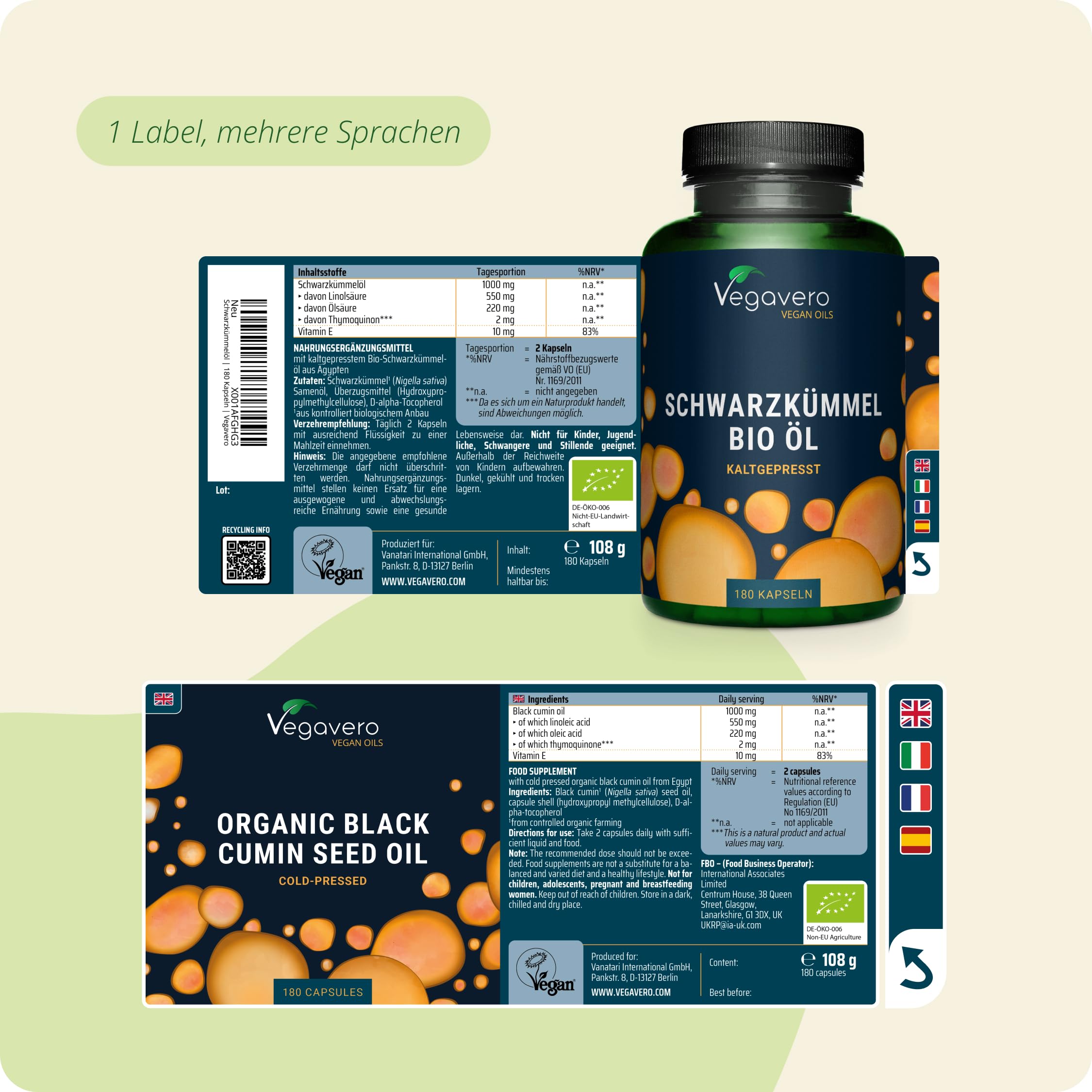 Vegavero Bio Schwarzkümmelöl Kapseln hochdosiert 180 Stück - 1000 mg kaltgepresstes Nigella sativa Öl mit 55% Linolsäure, 22% Ölsäure & 1,5% Thymoquinon – vegan, ohne Zusatzstoffe & Laborgeprüft