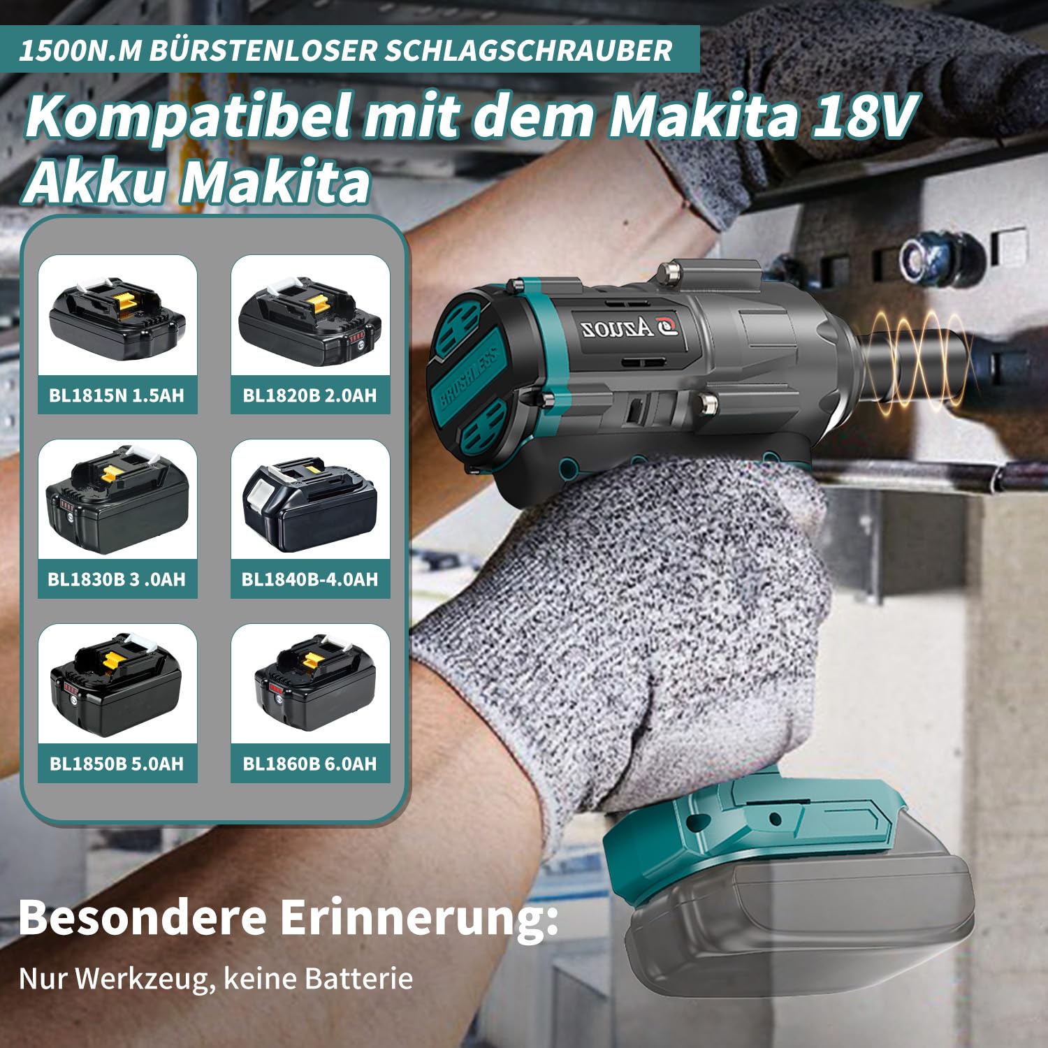 Akku Schlagschrauber 1/2 Kompatibel mit Makita 18V,Bürstenloser Schlagschrauber mit 1500 Nm/1106 FT-LBS, 4-Gang Schlagbohrschrauber 2100 U/min, Hohes Drehmoment, mit 5 Stecknüssen für Auto/Heimwerken