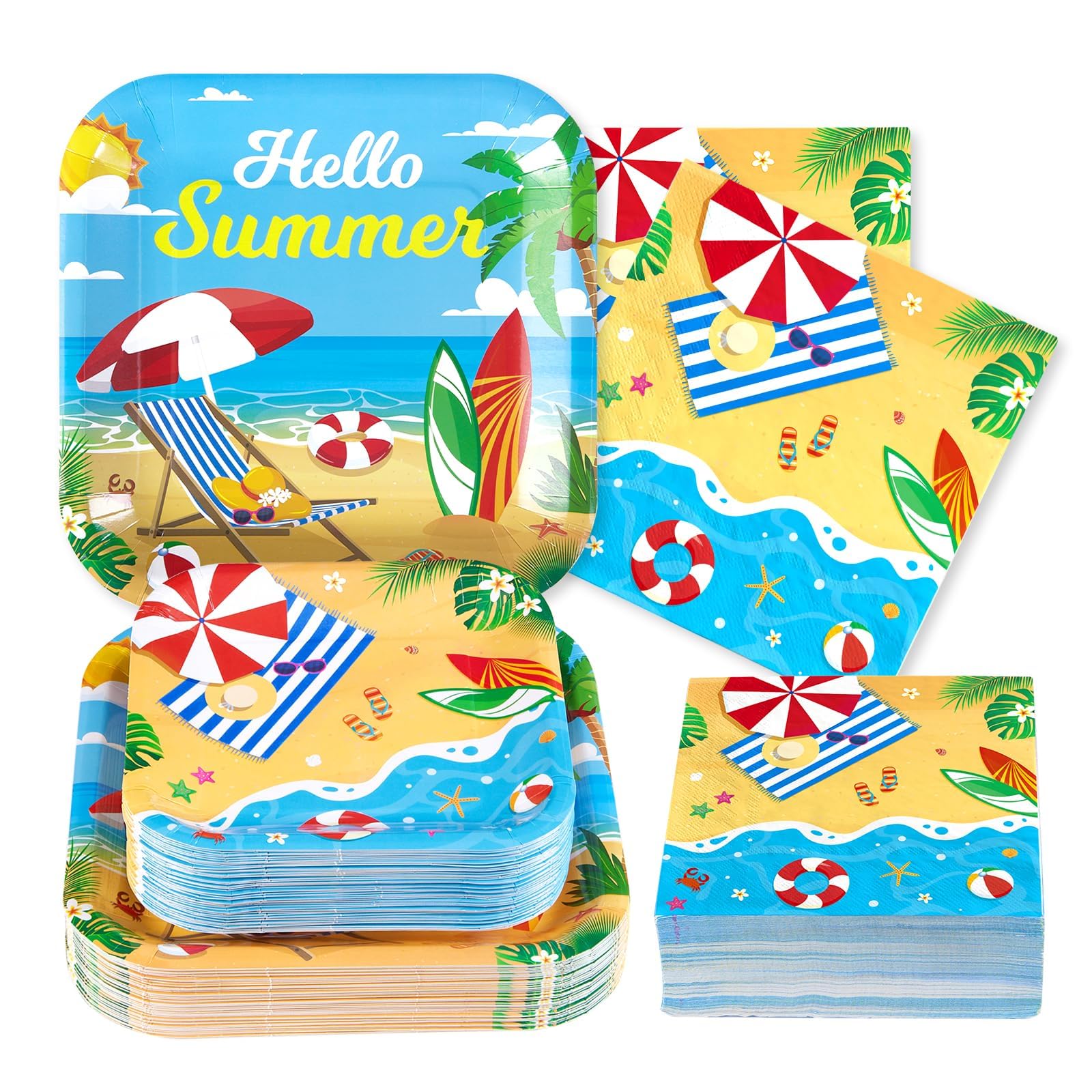 Grencian 200Pcs Beach Party Supplies Hello Summer Party Plates Serves 50