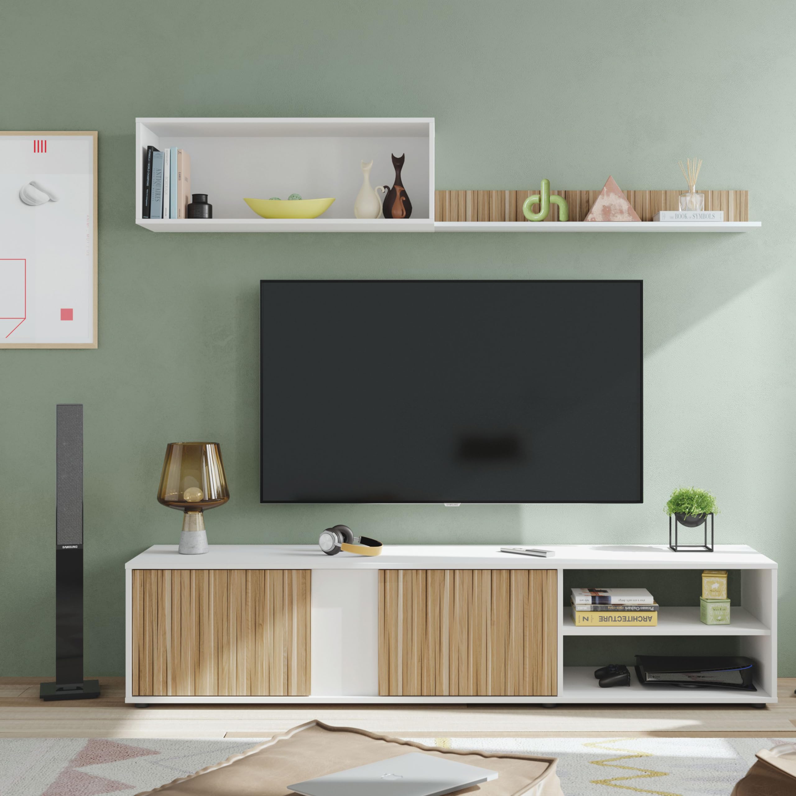 duehome | Conjunto Reversible de Salon, Mueble de TV, Modulos de Comedor, Modelo Alix, Acabado en Blanco Artik y Natur, Medidas: 180 cm (Largo) x 33 cm (Fondo) x 40 cm (Alto)