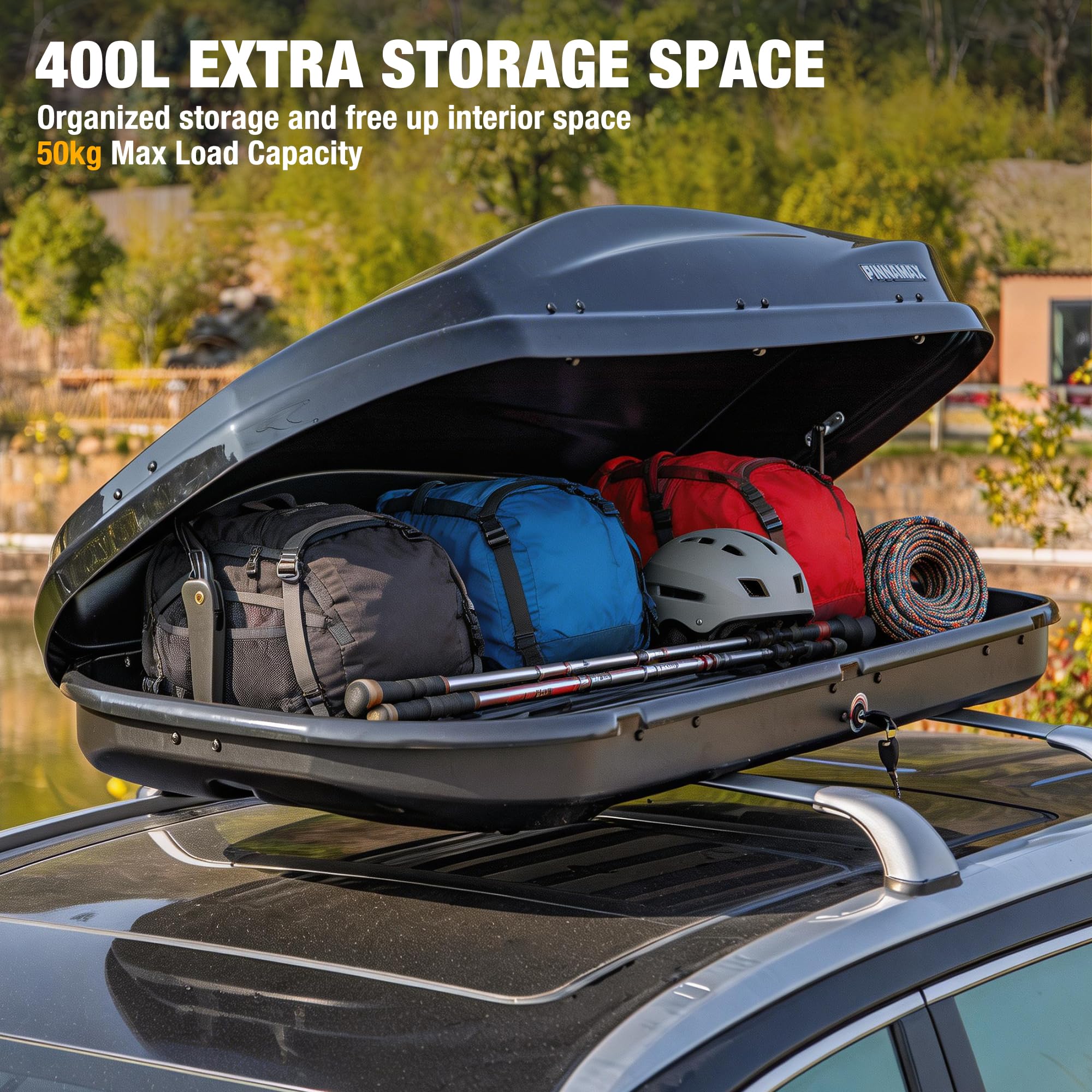 Dachbox 400L Abschließbar – Dachkoffer Auto Beidseitig Öffnend, wasserdichte Autodachbox für Dachträger, Dachgepäckbox für SUV Kombi Van (400L)