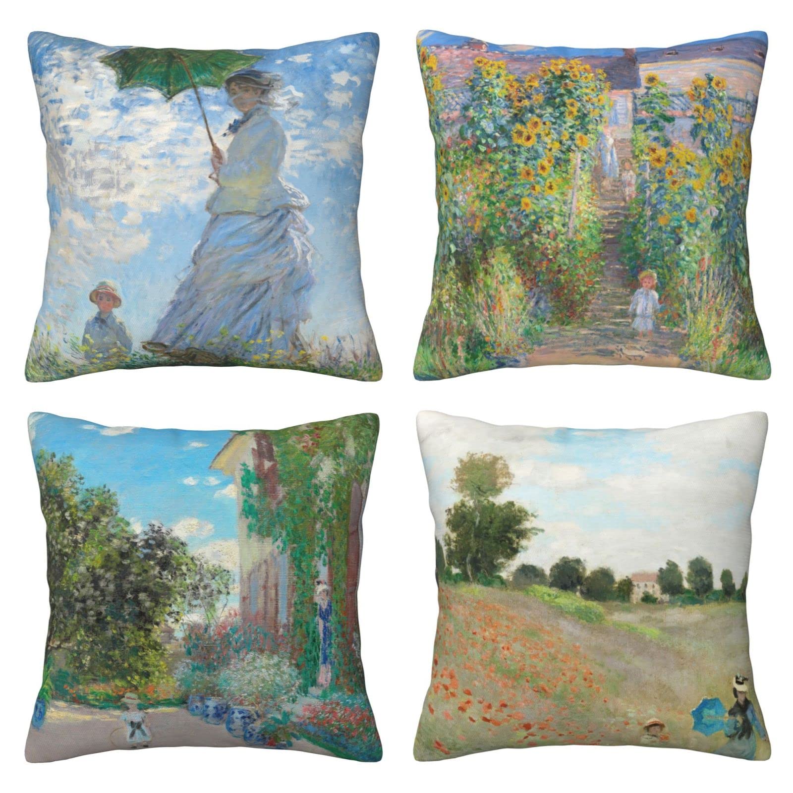 LOHDALOLF Claude Monet Throw Pillow Covers 45x45 cm Pack of 4 Square Decorative Pillow Cases Monet Impressionist Art Painting Cushion Covers for Sofa Couch