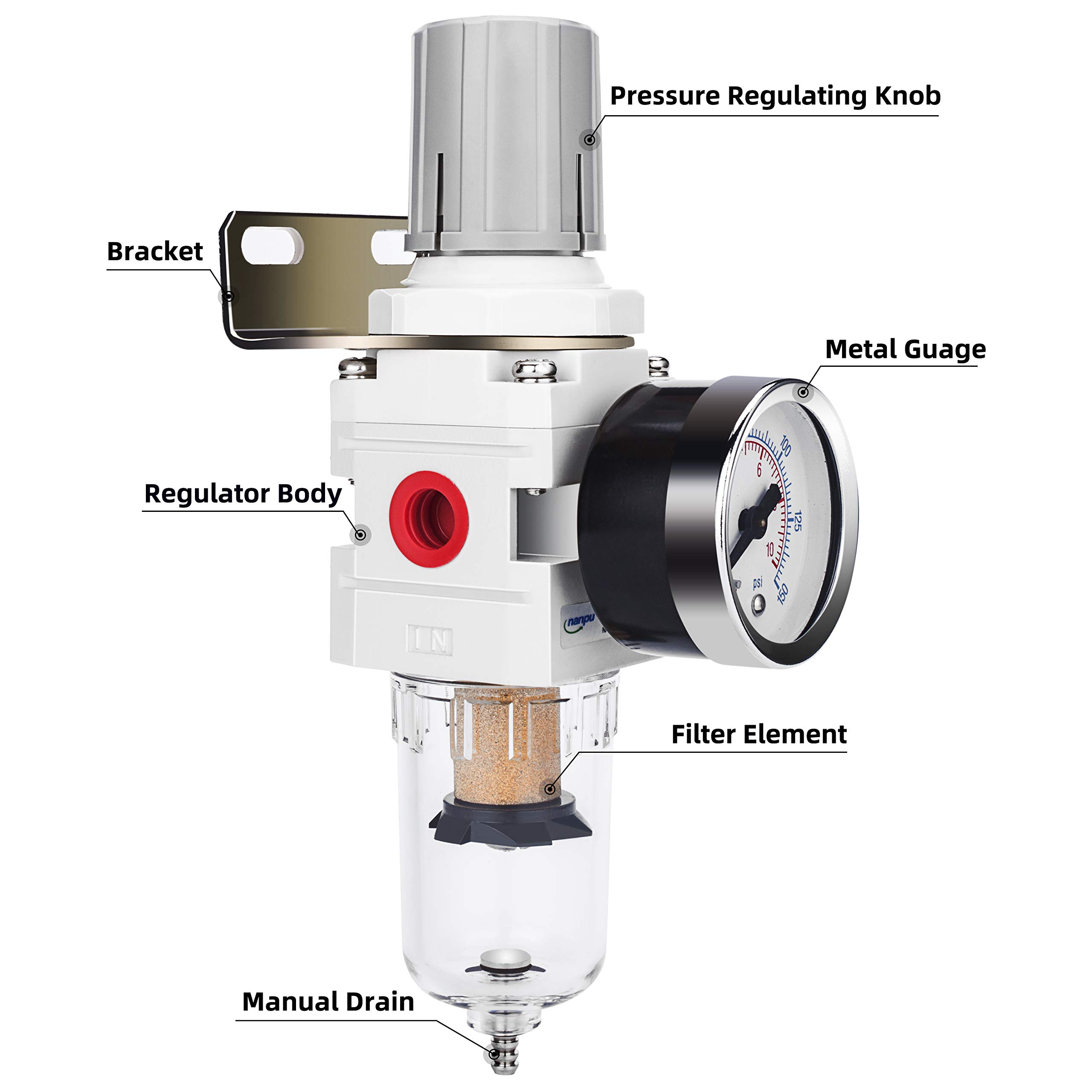 NANPU 1/4" BSP Filtro Regulador de Aire, Separador de Agua y Reductor de Presión, Elemento de Latón de 5 μm, Recipiente de Polietileno, Drenaje Semiautomático, Soporte de Metal, Manómetro de 0-10 Bar