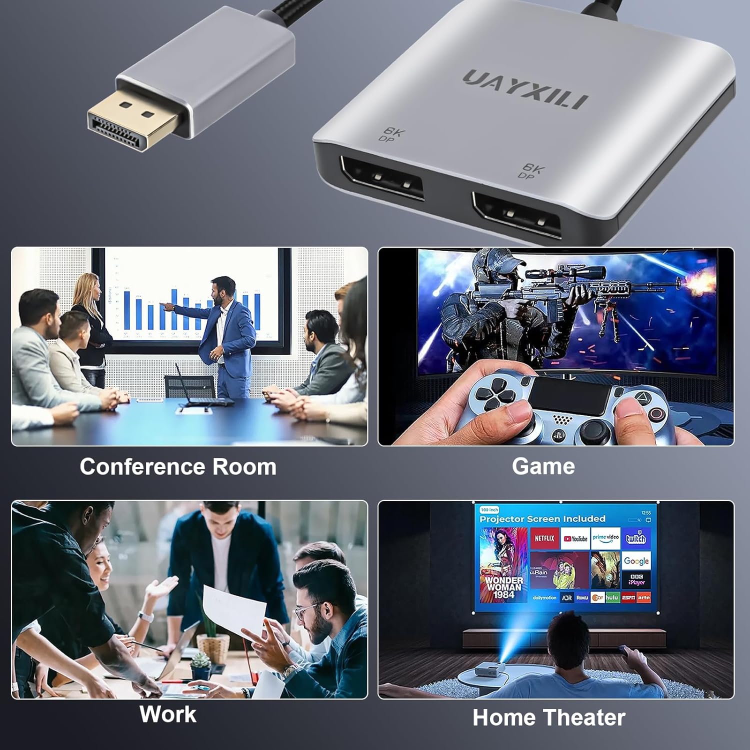 DisplayPort to Dual DP Adapter 8K@60Hz, DP Splitter 1 in 2 Out Extended Display MST for Dual Monitors, Compatible with PC, Graphic Card, NVIDIA, AMD