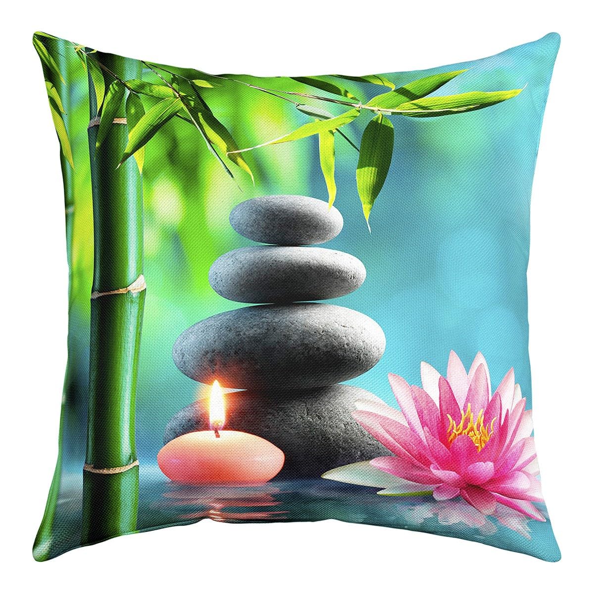 Zen Stones Pillow Cover,Outdoor Bamboo Lotus Flower Throw Cushion Cover 18x18 Inches for Couch Sofa Bed,Quiet Contemplation Cultivation Room Decor Cushion Case for Girls Women Adults