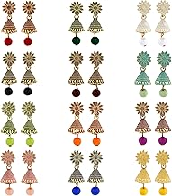 Small Traditional Indian Jhumka Earrings For Woman & Girls, Jhumki Stylish Combo with Flower Stud and Colorful Bead Drop(Pack Of 12).