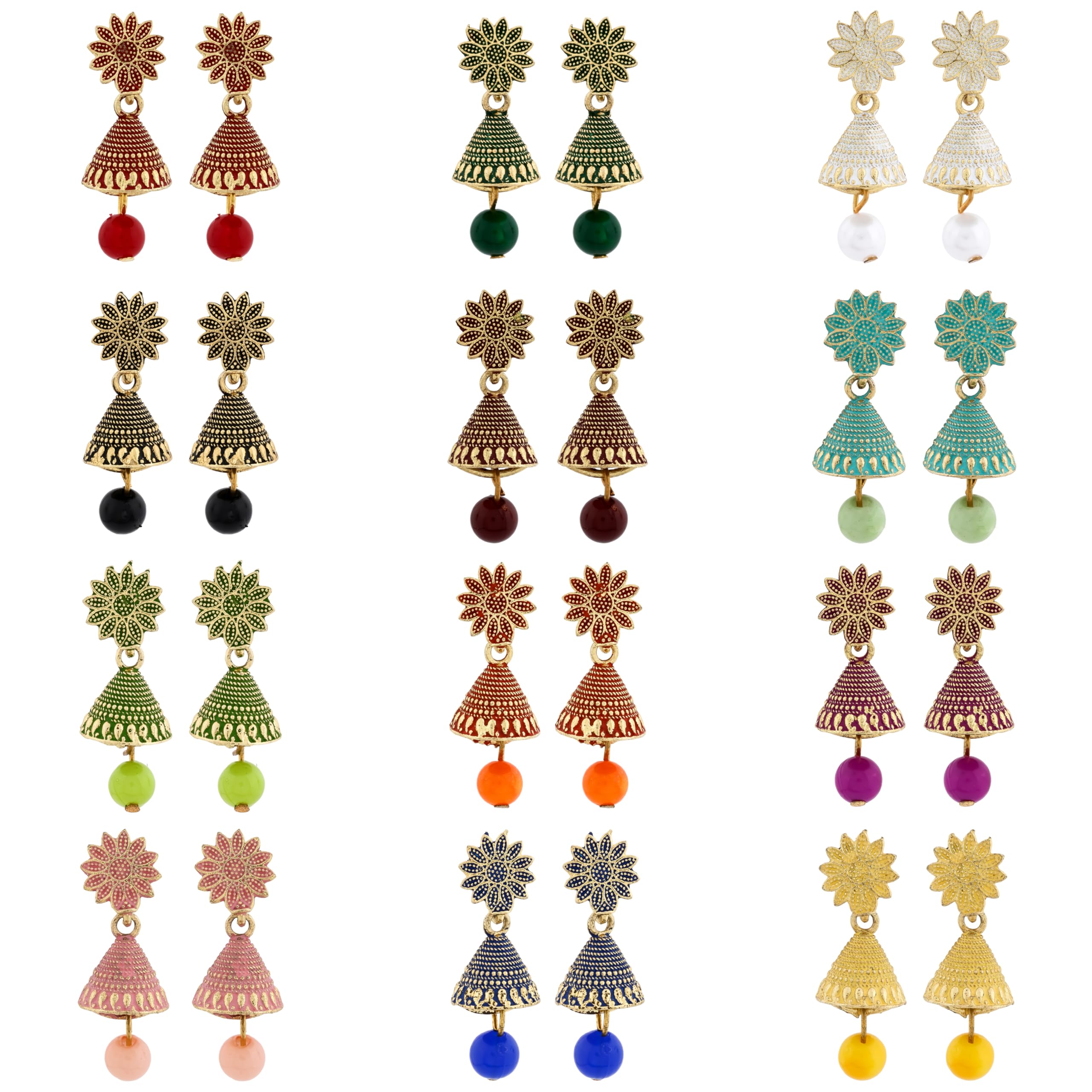 Small Traditional Indian Jhumka Earrings For Woman & Girls, Jhumki Stylish Combo with Flower Stud and Colorful Bead Drop(Pack Of 12).-image-1