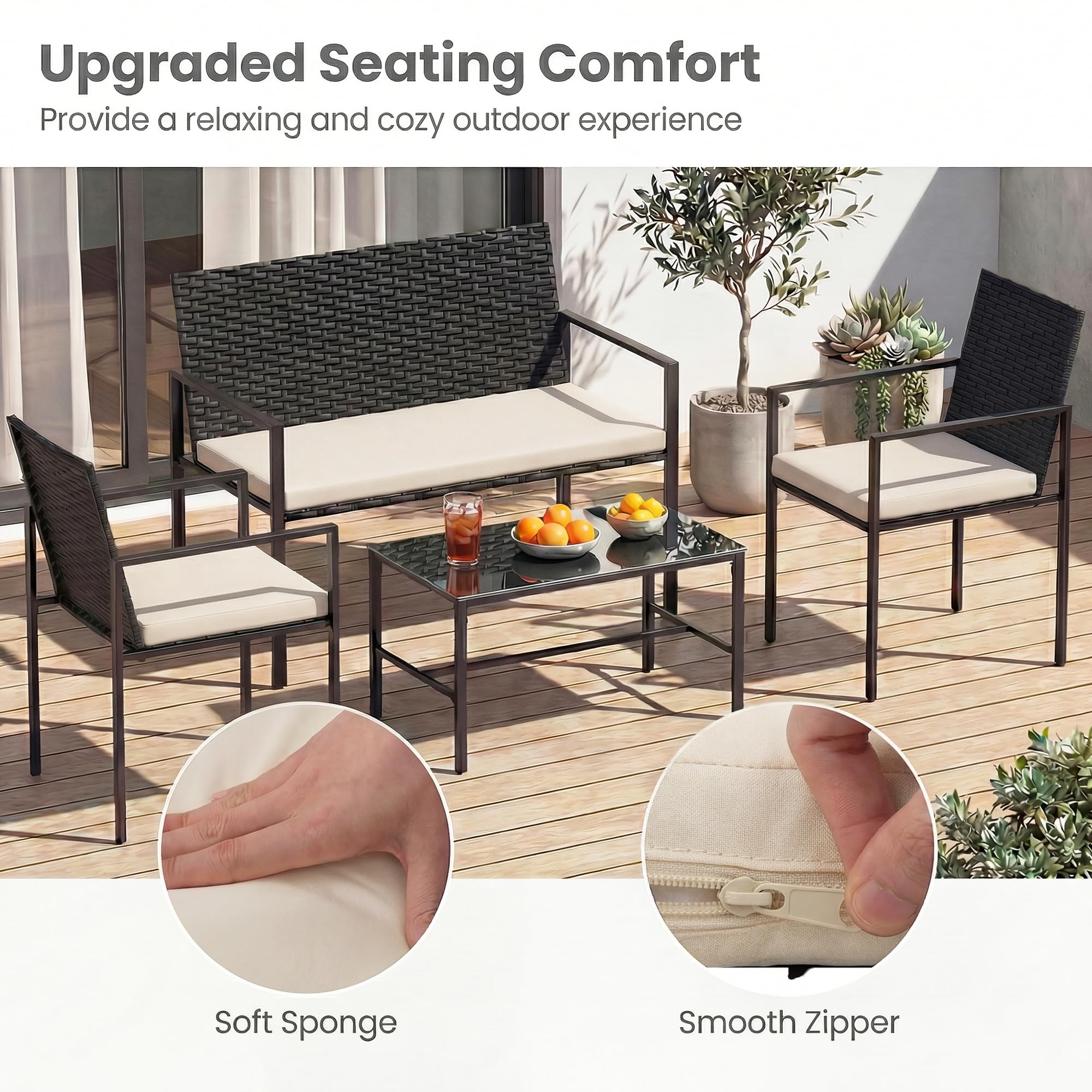 SOARS Conjunto de Jardin Exterior de Ratán de 4 Piezas, Mesa de Centro de Cristal Templado con 2 Sillas, Sofá de 2 Plazas y Cojines Mullidos, Muebles de Jardín para Patio, Terraza, Balcón (Beige)