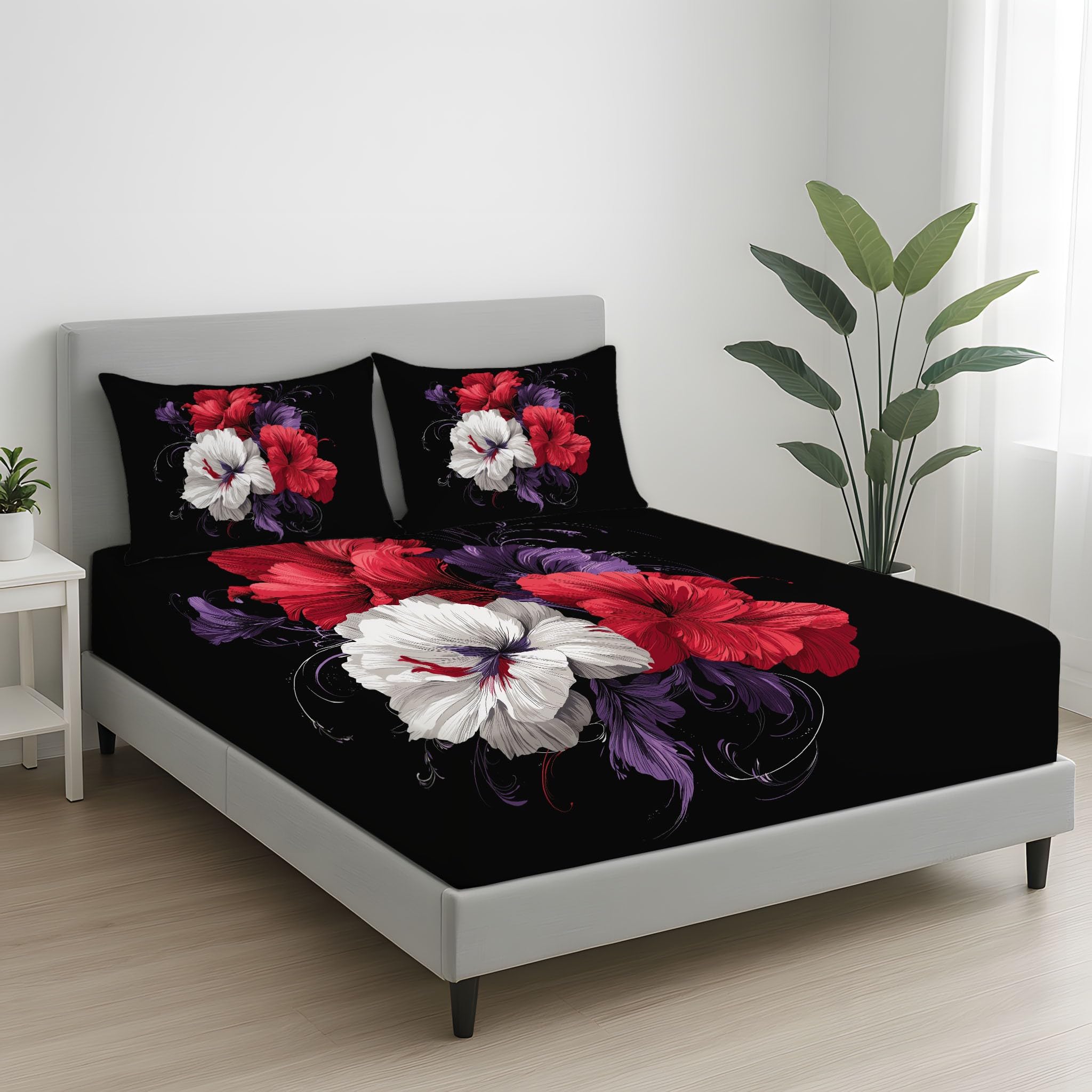 King Fitted Sheets - Bed Sheets Breathable and Luxury Microfibre Bedding Sets 160 x 200 cm, Flowers Floral Petals, Vintage Aesthetic Artistic, Master Bedroom Feminine Bedroom