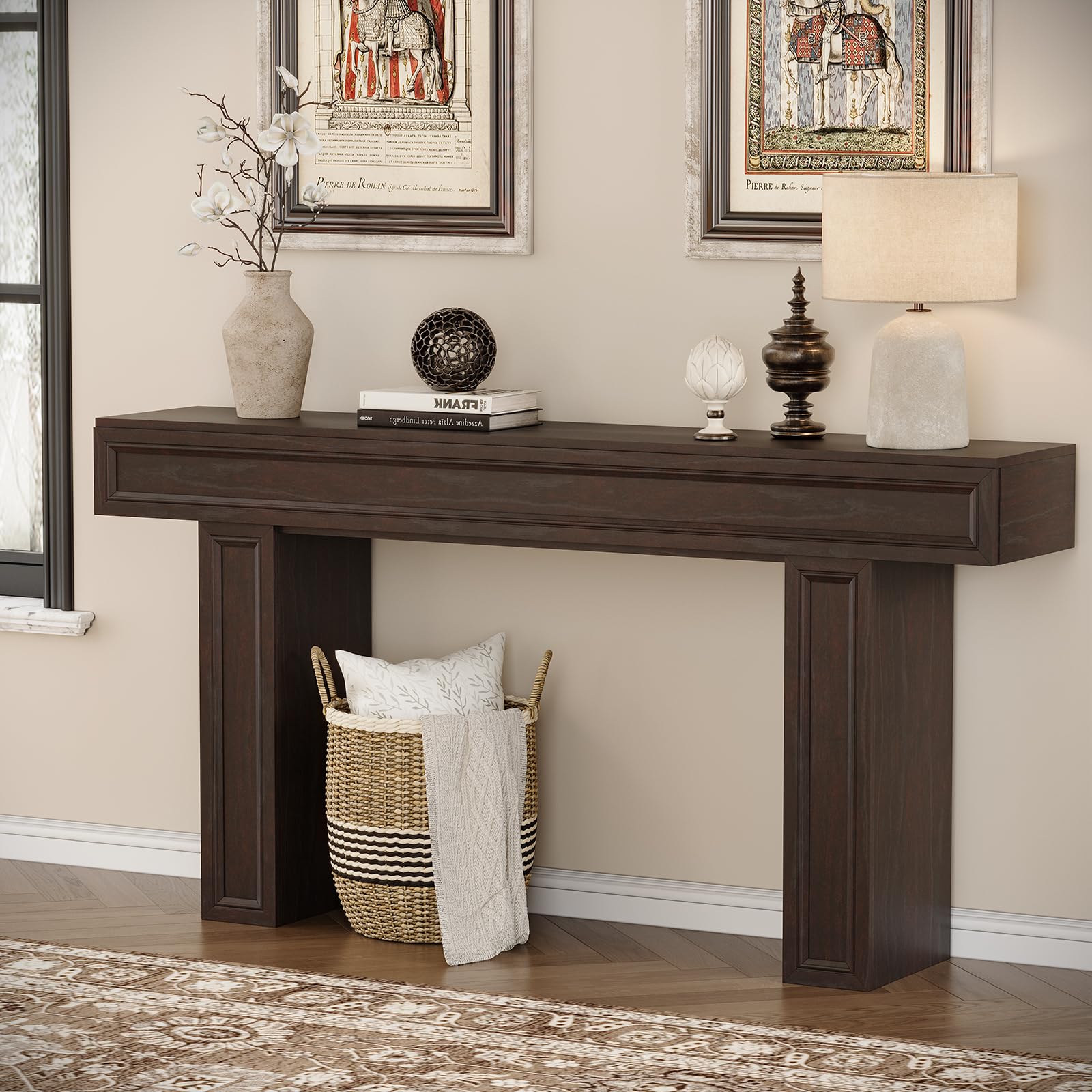 Rresyet 63 Inch Long Console Table, Sofa Table Behind Sofa, Wooden Entryway Table, Farmhouse Entryway Table for Entry, Hallway, Living Room (Cherry)