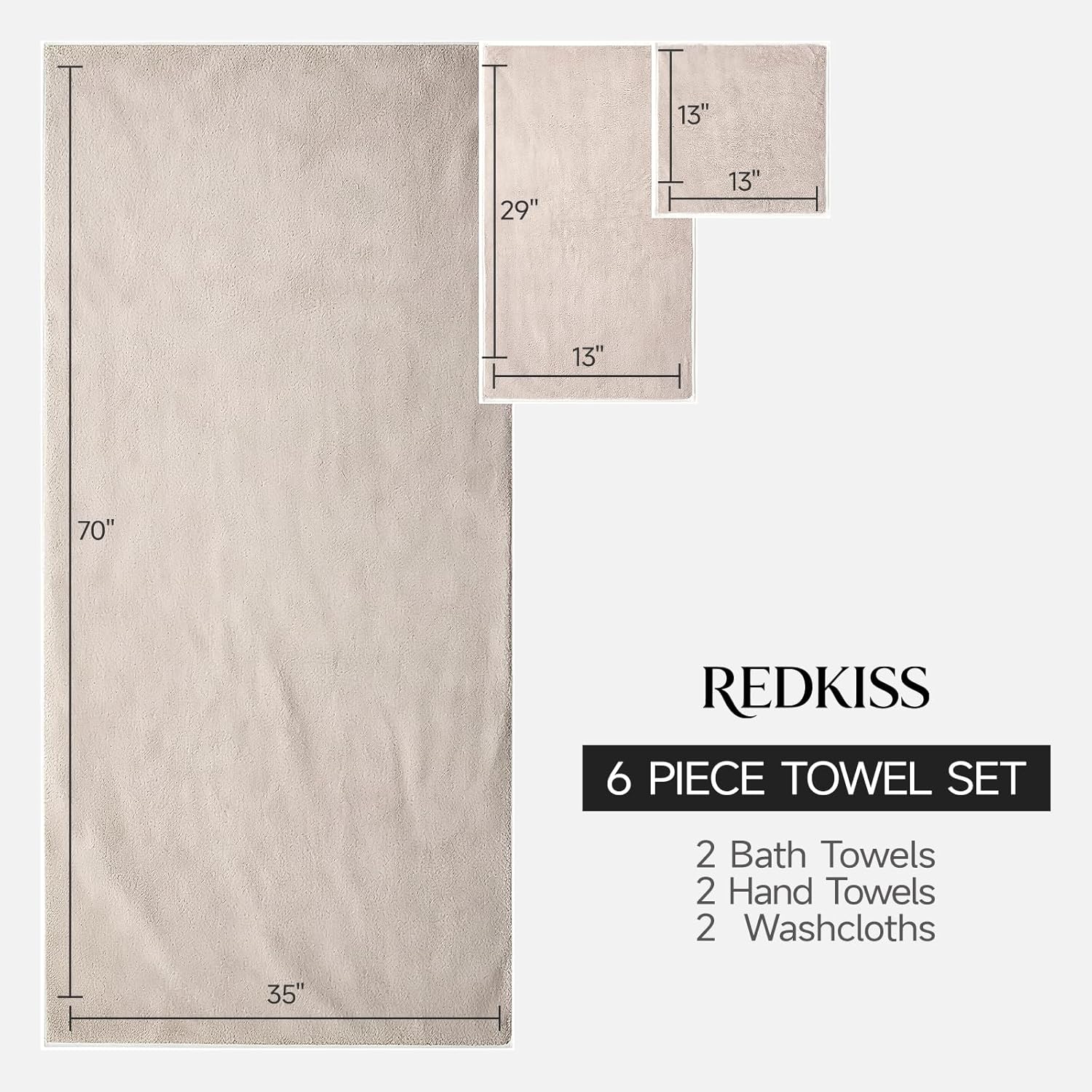 REDKISS Bath Towels Set of 6 - Oversized Bath Sheets (70 x35 in), 670GSM Ultra Soft & Highly Absorbent, Quick Dry Beige Towel Sets for Bathroom, Spa, Hotel, Gym - Image 2