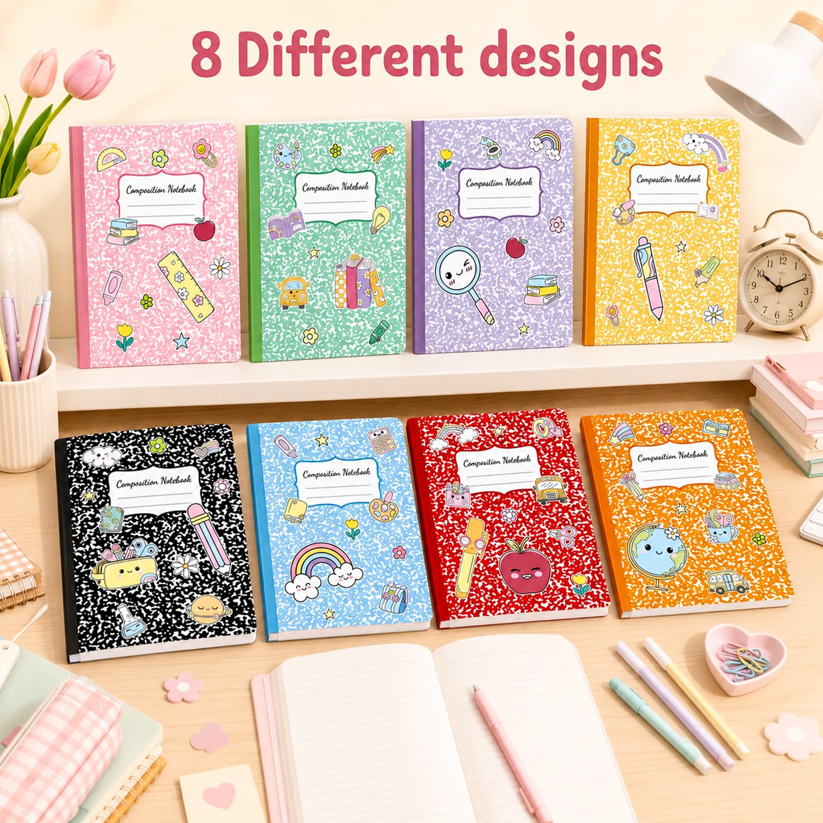 8 Pack Colorful Marble Composition Notebooks Bulk Back to School Notebook College Ruled Journal 100 Pages Composition Books First Day of School Gift for Student Teacher Office Supplies 9.7x7.5 Inch