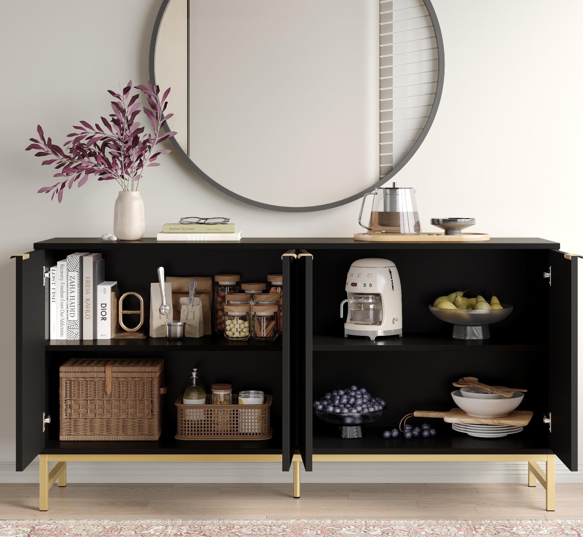 55 Inch Fluted Sideboard Buffet Cabinet – Storage Credenza For Living Room, Dining Room, Entryway