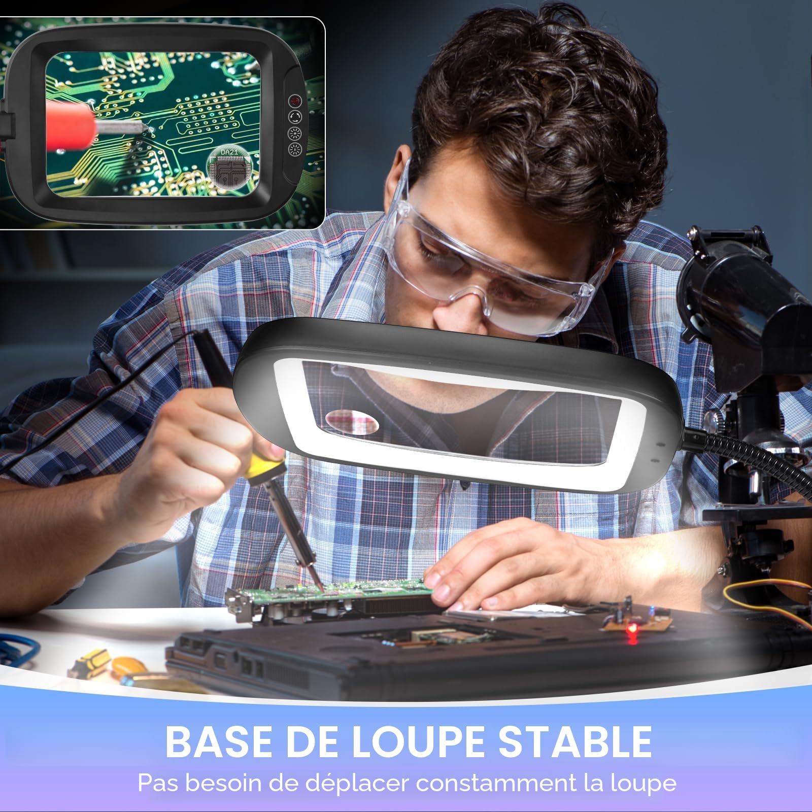 Loupe Lumineuse 2 en 1, Lampe Loupe sur Pied 60 LED, 5 Températures de Couleur 4 Niveaux de Luminosité Réglables pour Travail de près