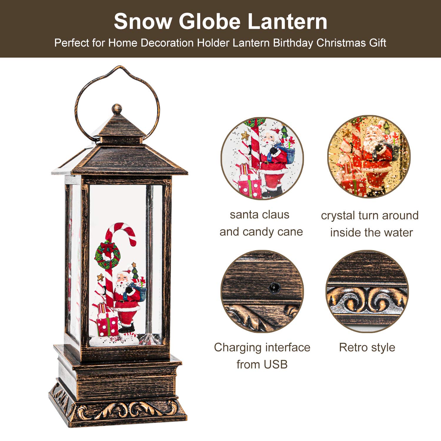 Boule à neige musicale de Noël avec minuteur de 6 heures, alimentation USB et piles pour décorations de Noël et cadeaux (Père Noël et sucre d'orge)