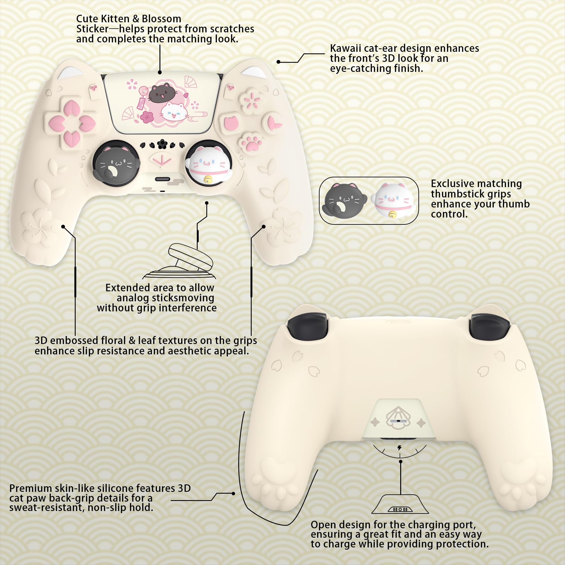 PlayVital Hülle für PS5 Controller, Kätzchen Serie Süße Schutzhülle für PS5 mit 3D Katzenohren, Daumengriff & Aufkleber, Kompatibel mit Ladestation, Anti-Rutsch, Antikgelb