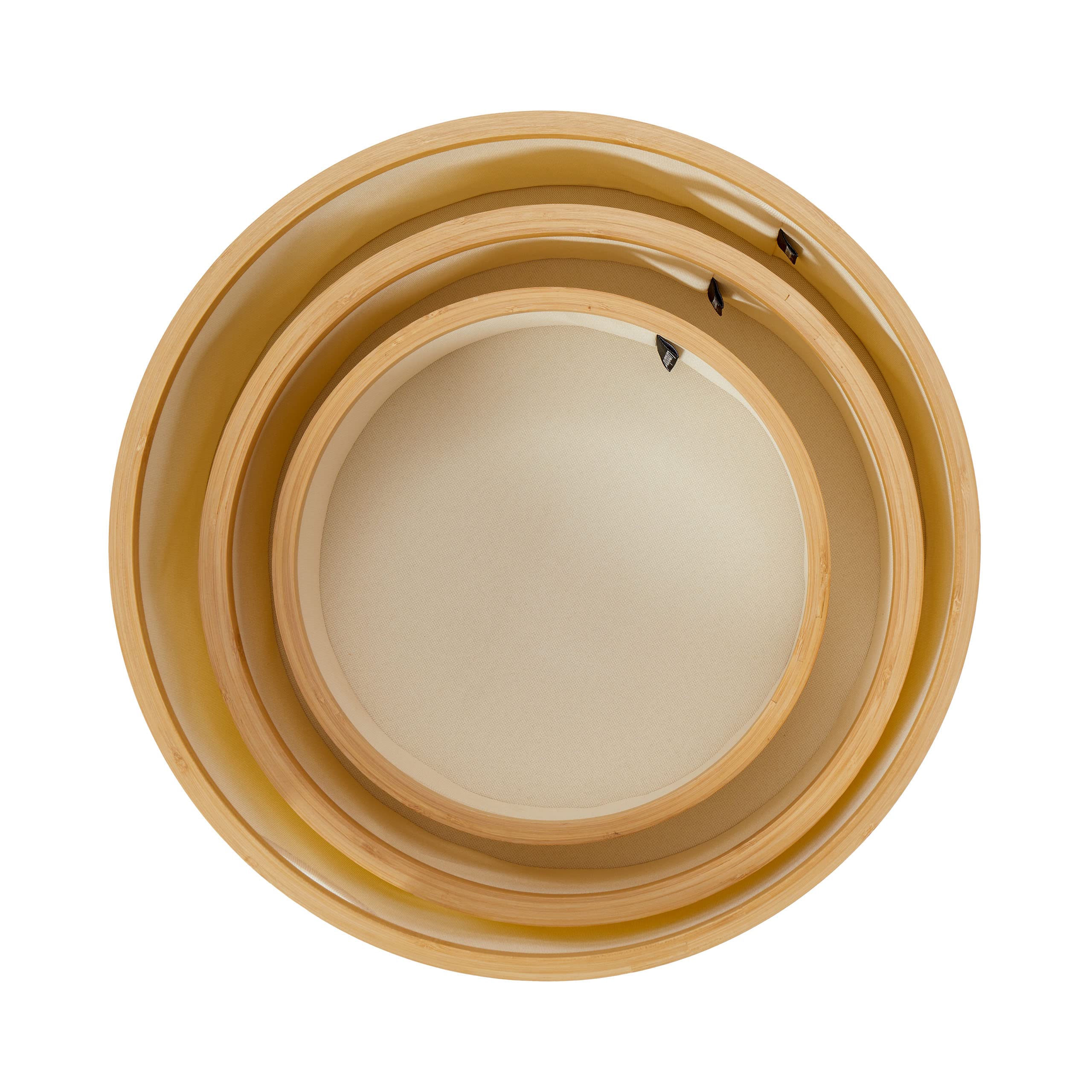 Lumaland Bambus-Rahmen Aufbewahrungsbox 3er Set rund | Boxen in den Maßen ø 45 x 20 cm, ø 38 x 16 cm und ø 30 x 12 cm [Beige]