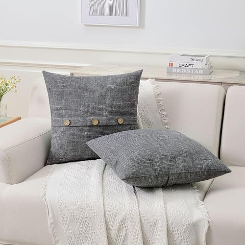 Miniatura 6 de Ikuoic Juego de 2 fundas de almohada decorativas de lino gris oscuro de 24 x 24 pulgadas, funda de cojín cuadrada europea con 3 botones