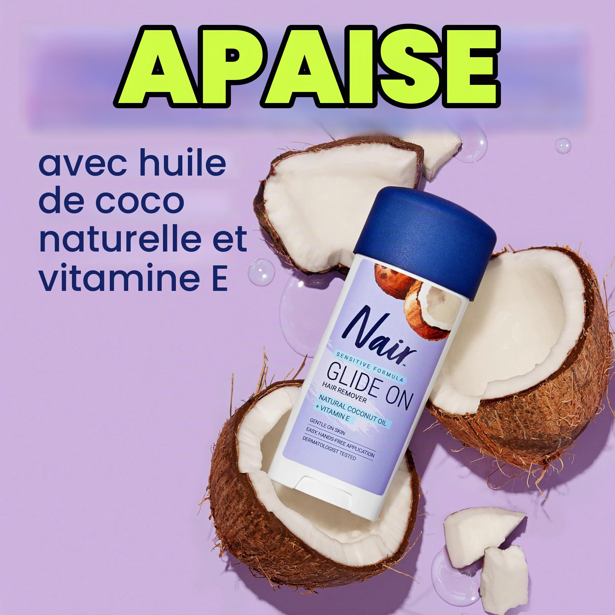 Nair Sensitive Formula Glide On Crème d'épilation mains libres avec huile de noix de coco et vitamine E pour le corps, 93,6 g