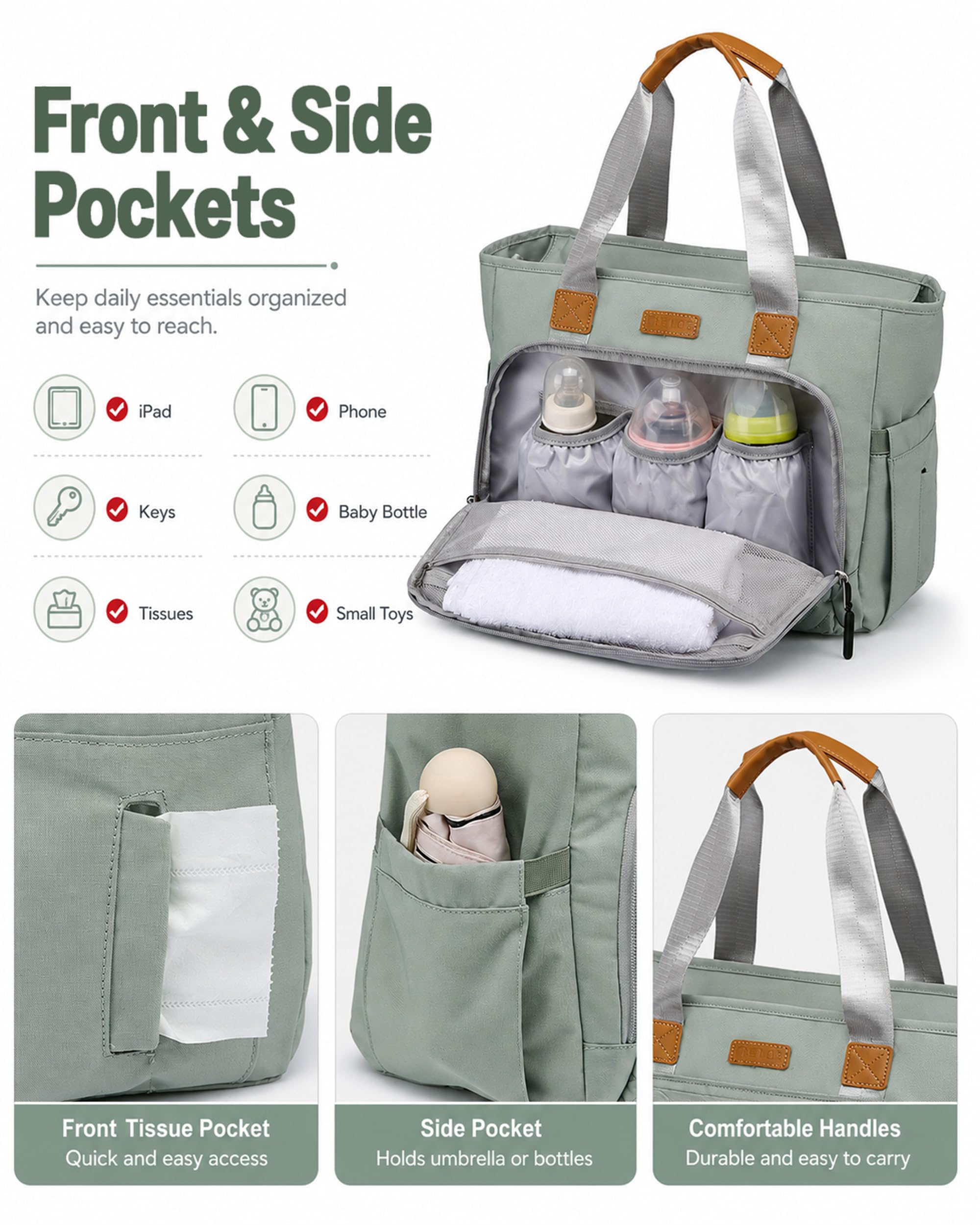 FHELAD Bolsa de pañales para mujer, bolsa de bebé con compartimento para laptop de 15.6 pulgadas, con bolsillo aislado para niños pequeños y recién nacidos