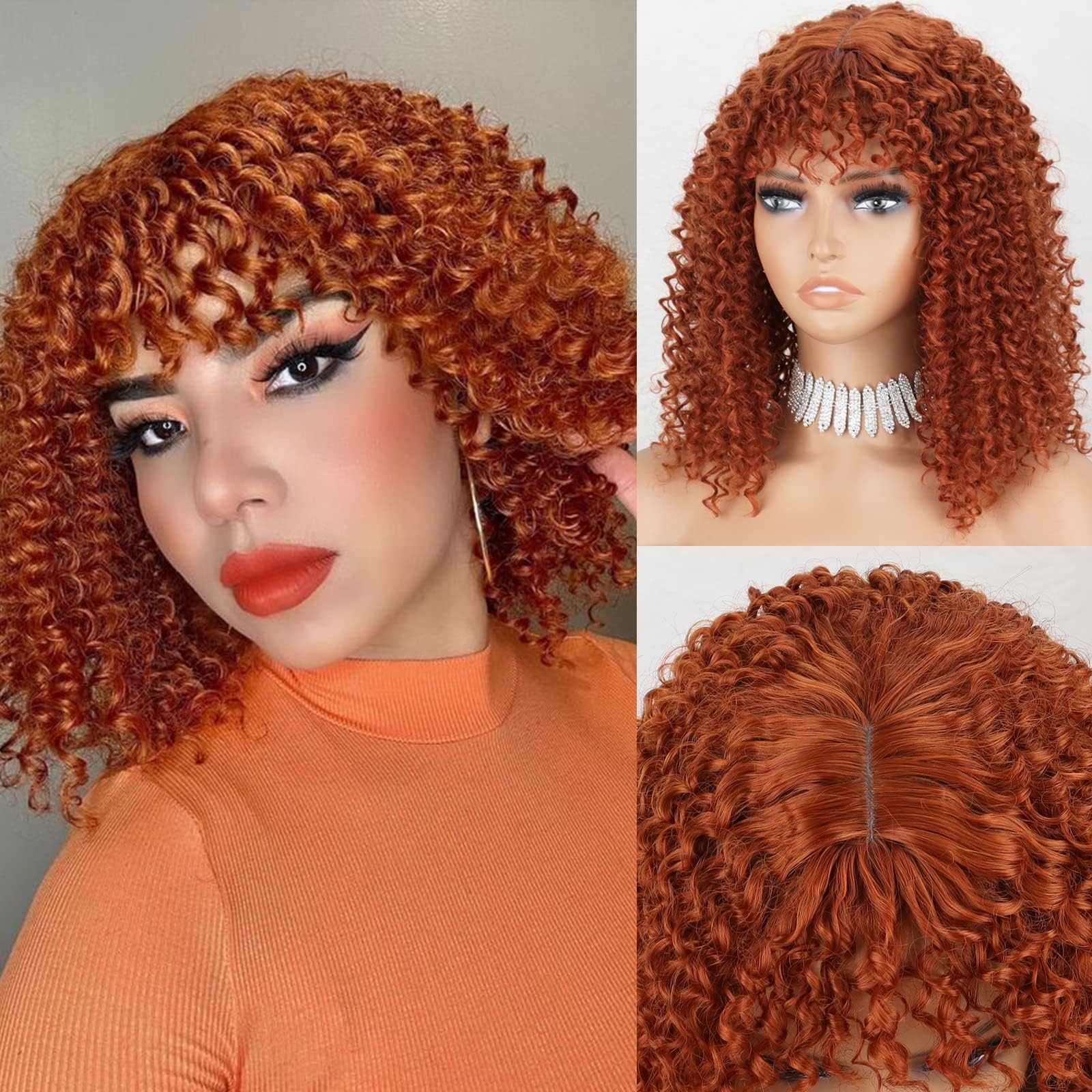WERD Short Ginger Curly Wig Short Auburn Curly Wigs for Black Women Ginger Curly Wig with Bangs for Women Cosplay Daily Use