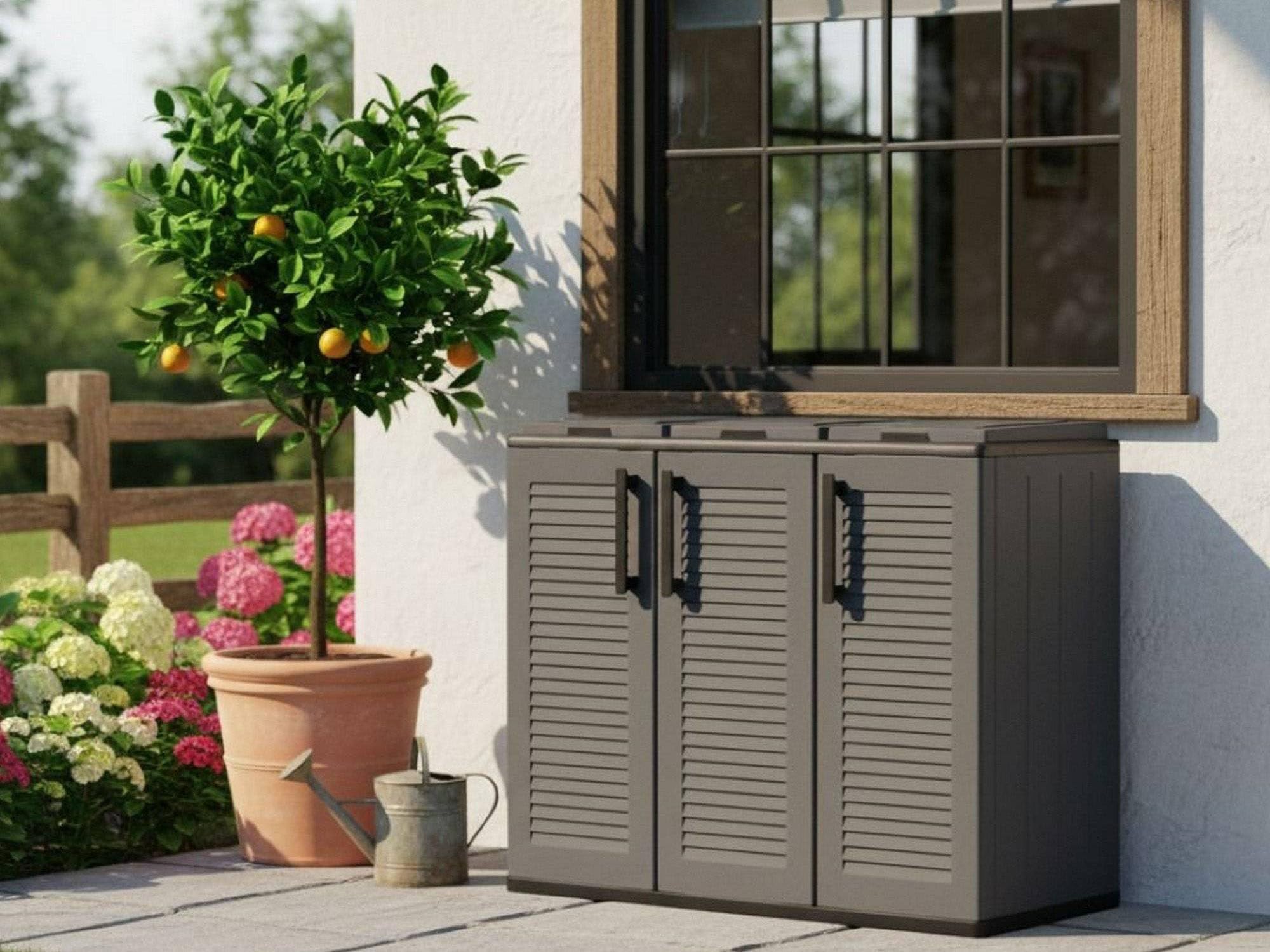 Dmora Pattumiera Aalst, Cestino portarifiuti, Bidone per Raccolta differenziata a 3 Ante, 100% Made in Italy, 102x37h84 cm, Grigio e Nero, Finitura Righe