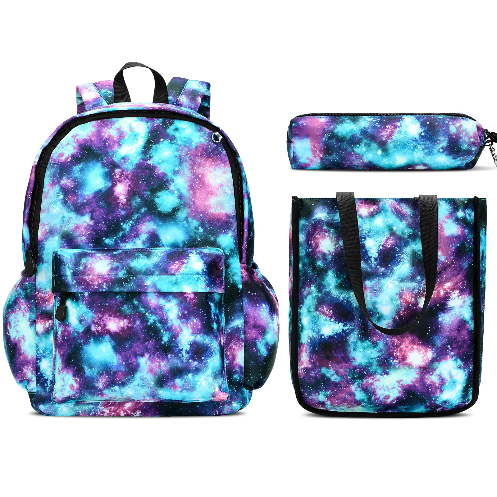 Boys Backpack School Bags Kids - Galaxy Print Bookbag 3 Piece Set with Lunch Bag & Pencil Case Cute Large Waterproof Ergonomic Primary Junior High Rucksack for Teenage Girls