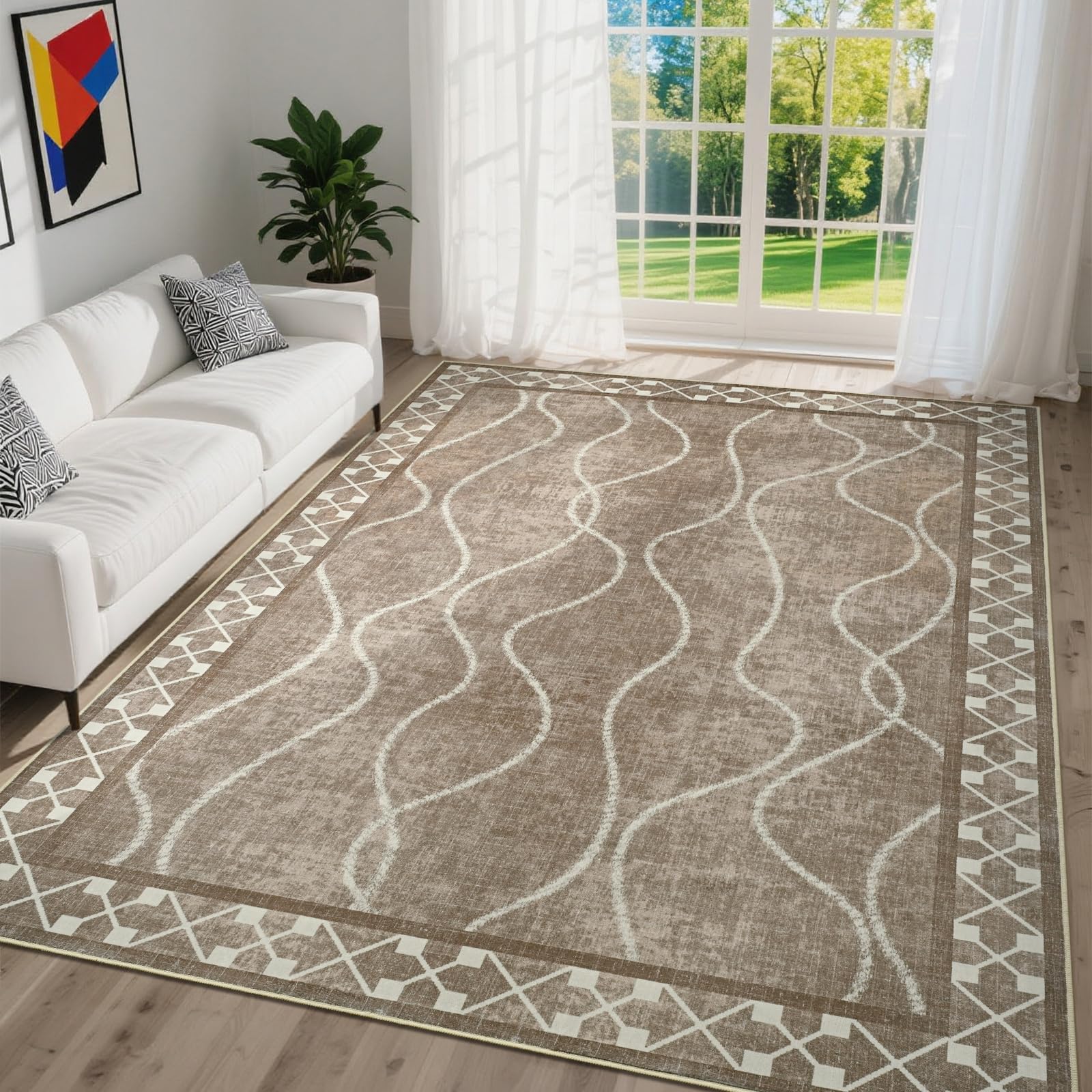 DweIke 4x6 Area Rugs for Living Room, Machine Washable Bordered Rug for Bedroom, Luxury Rubber Backing (Non-Slip) Low Pile Throw Carpet for Dining