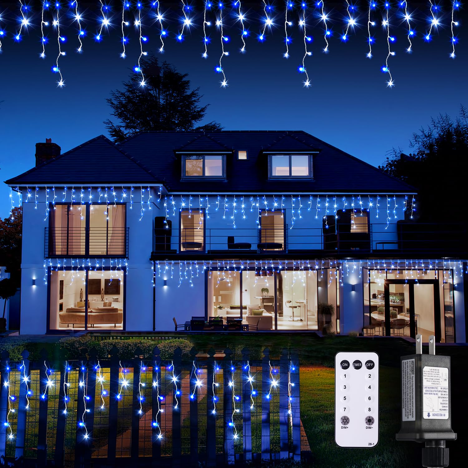 JMEXSUSSBlue&White Icicle Lights - 38.8FT 400 LED Icicle String Lights with Remote for Indoor/Outdoor, House, Bedroom, Fireplace, Birthday, Christmas Decorations