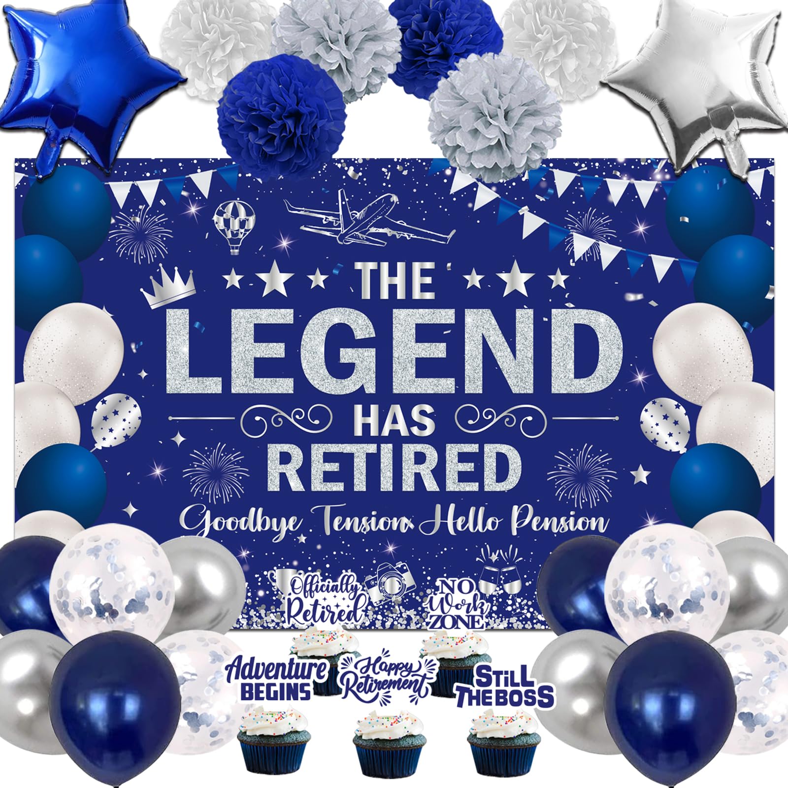 Zgrzoqjlw Blue Silver Retirement Party Decorations: 26pcs The Legend Has Retired Backdrop, Balloons, Pompoms, Cake Toppers - Perfect for Men & Women