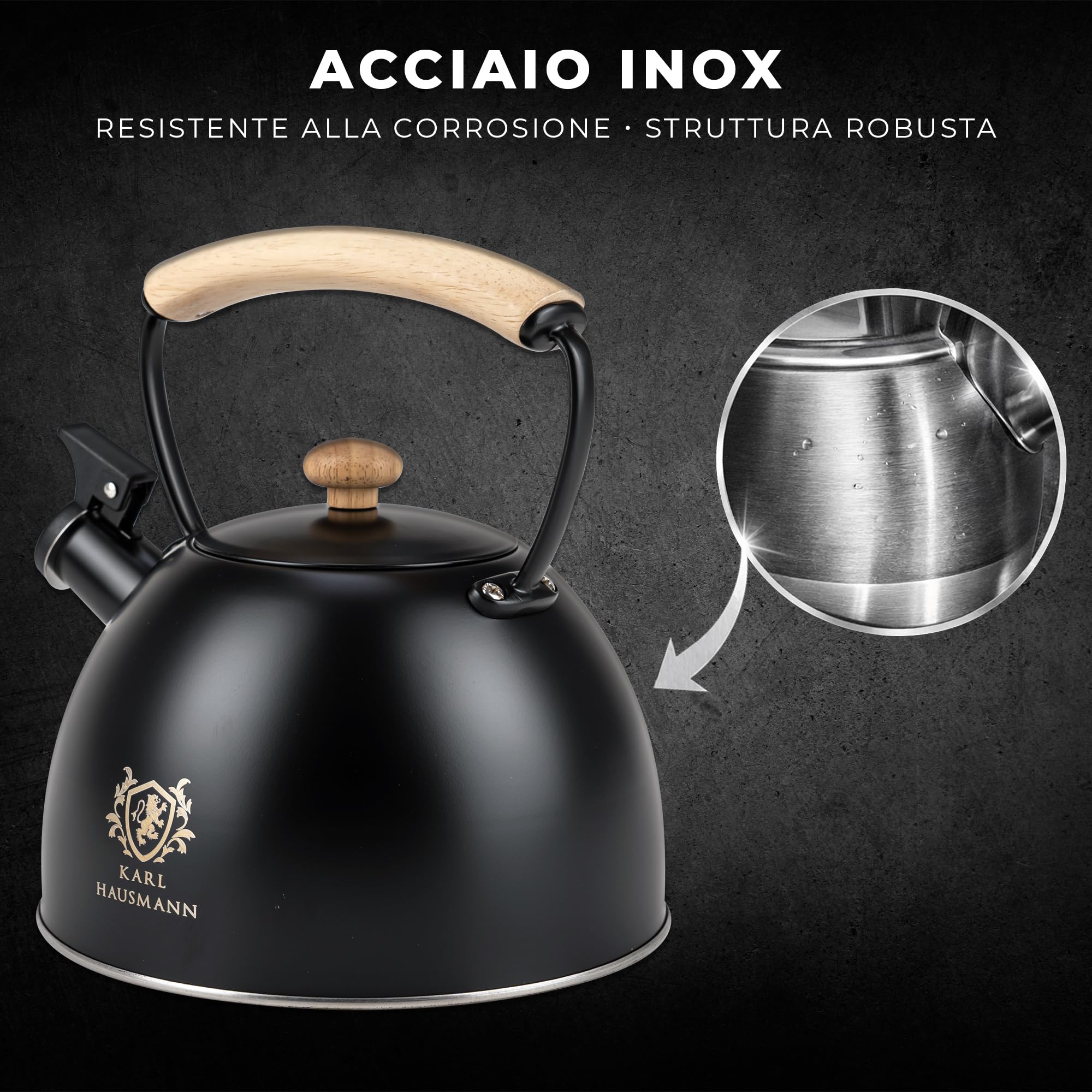 KARL HAUSMANN Bollitore Induzione 2,5L Acciaio Inox con Fischio - Teiera per Piano a Gas, Vetroceramica ed Elettrico - Bollitore Acqua Cucina con Coperchio