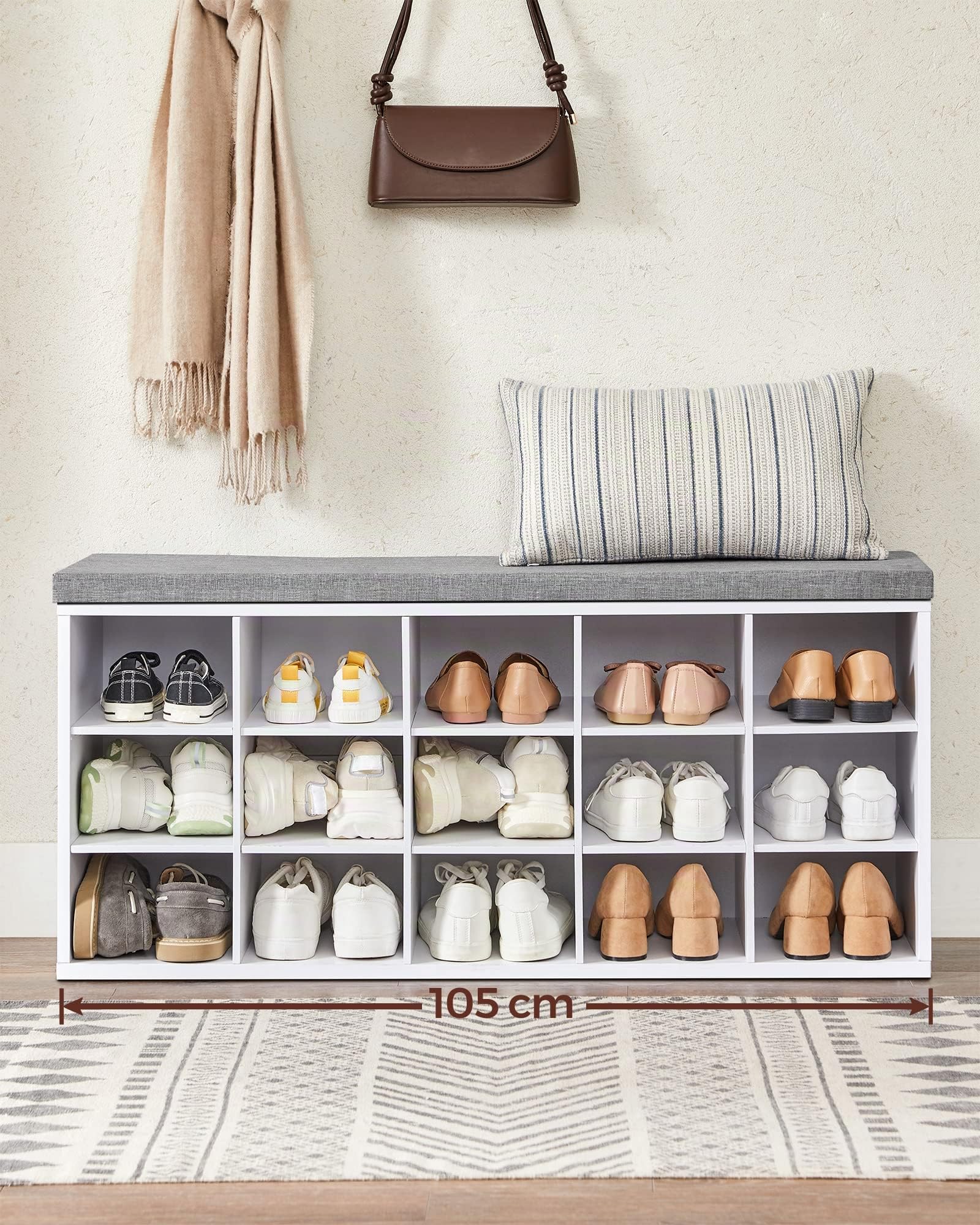 VASAGLE Panca Scarpiera, Scarpiera Ingresso con Seduta Imbottita e 15 Scomparti, Scaffale Porta Scarpe da Ingresso, 30 x 105 x 48 cm, Bianco e Grigio LHS15WT
