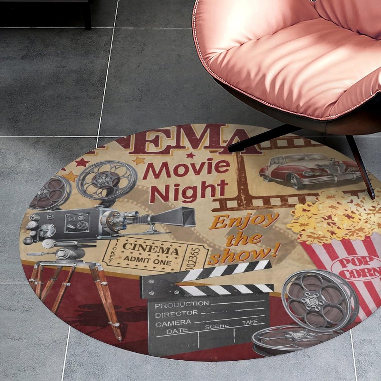 Cinema Movie Theater Round Rug Movie Night Decorations Vintage Circle Area Rug Round Carpet for Party Living Room Bedroom 3 ft