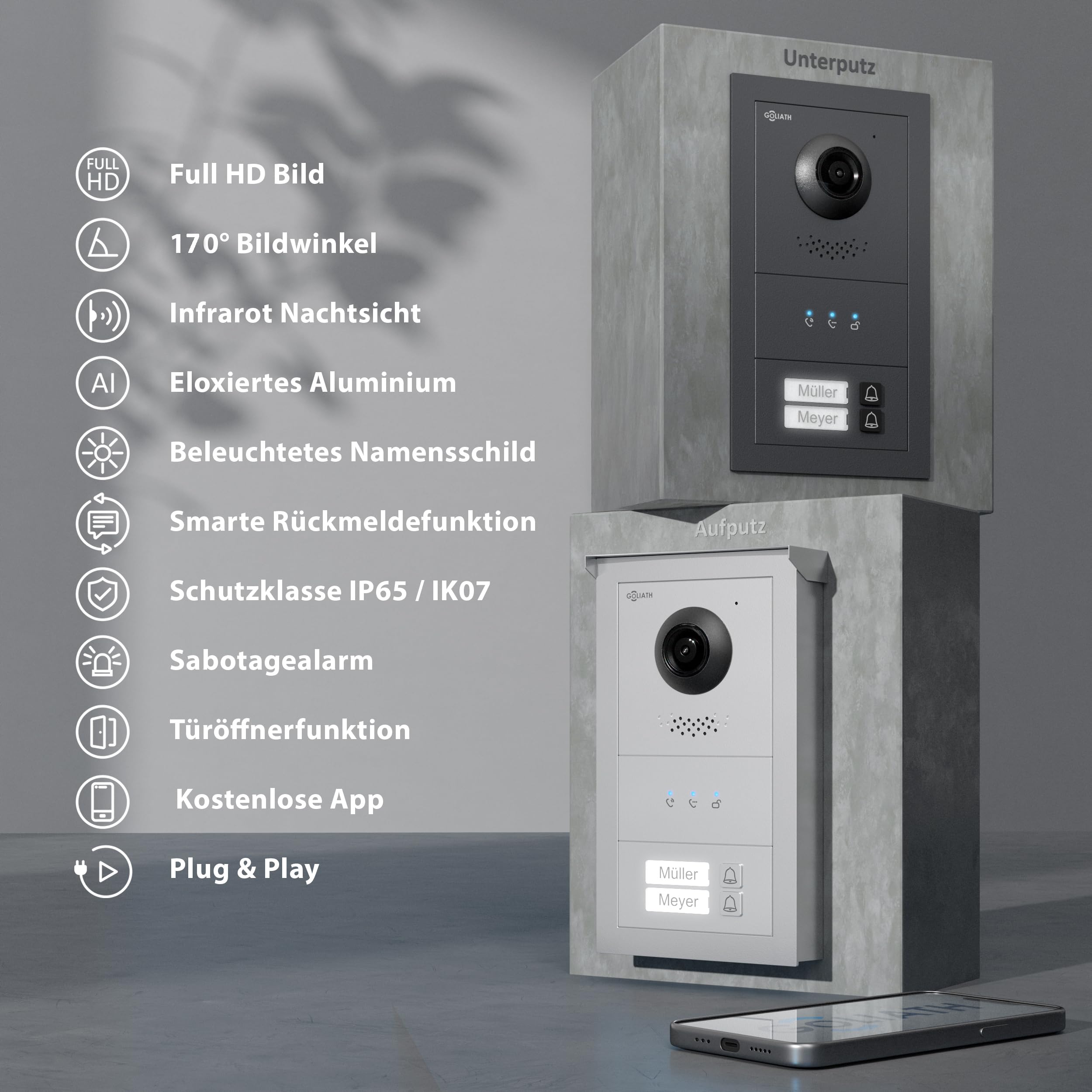 GOLIATH Basic Line Türklingel & Türsprechanlage mit Kamera für [MEHRFAMILIENHAUS] mit Smartphone App - Klingel mit Kamera & Monitor - Doorbell Camera - Video Sprech - & Gegensprechanlage mit Türöffner