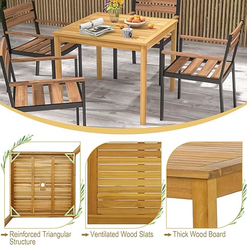 Miniatura 5 de Tangkula Mesa de comedor cuadrada para exteriores, mesa de comedor de madera de acacia para 4 personas con agujero para sombrilla de 1.9 pulgadas,