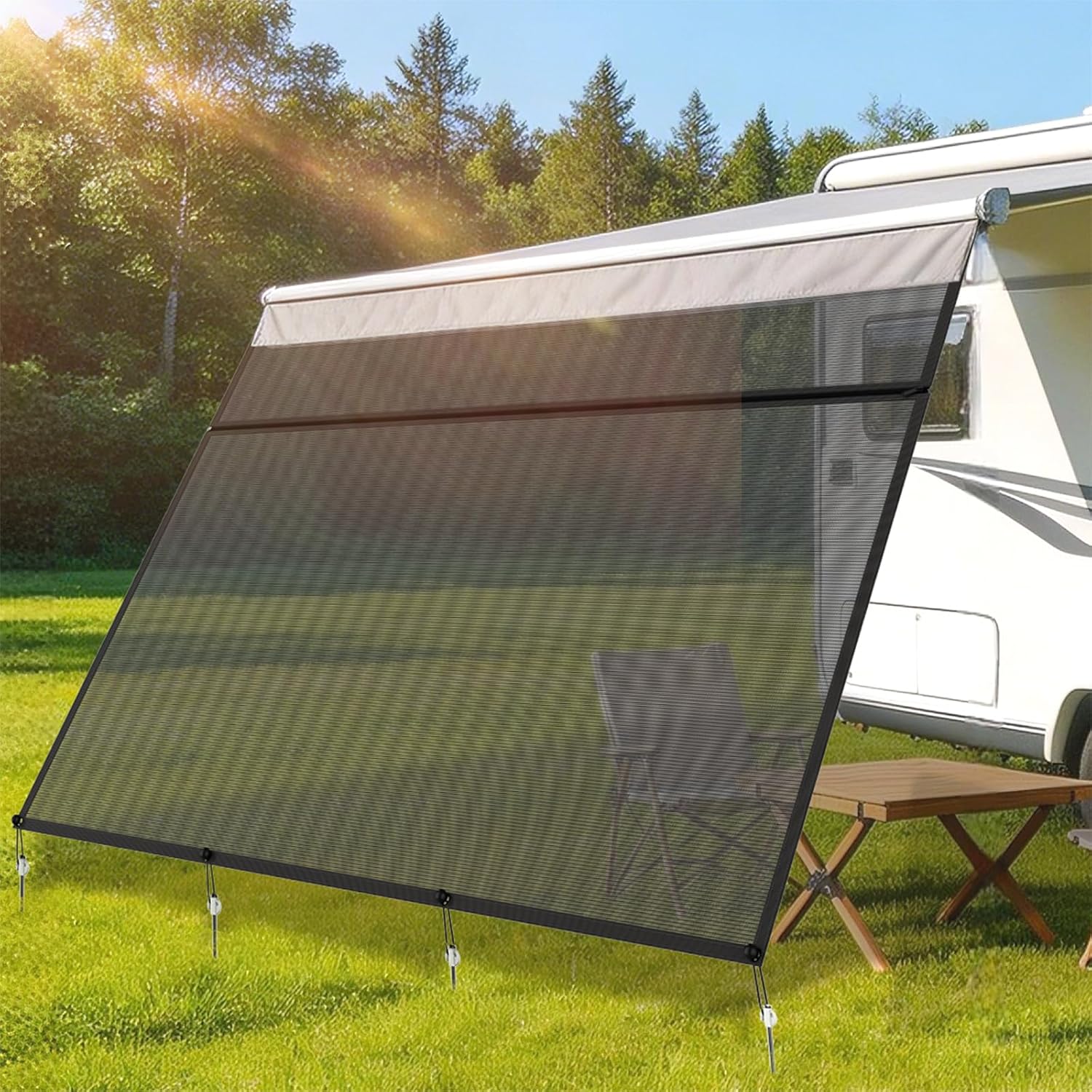 Upgraded RV Awning Side Shade Screen 9'X7', 7.9oz Heavy-Duty Mesh Blocks UV & Vision, Side Sun Shade for RV Camper Trailer with Complete Kit