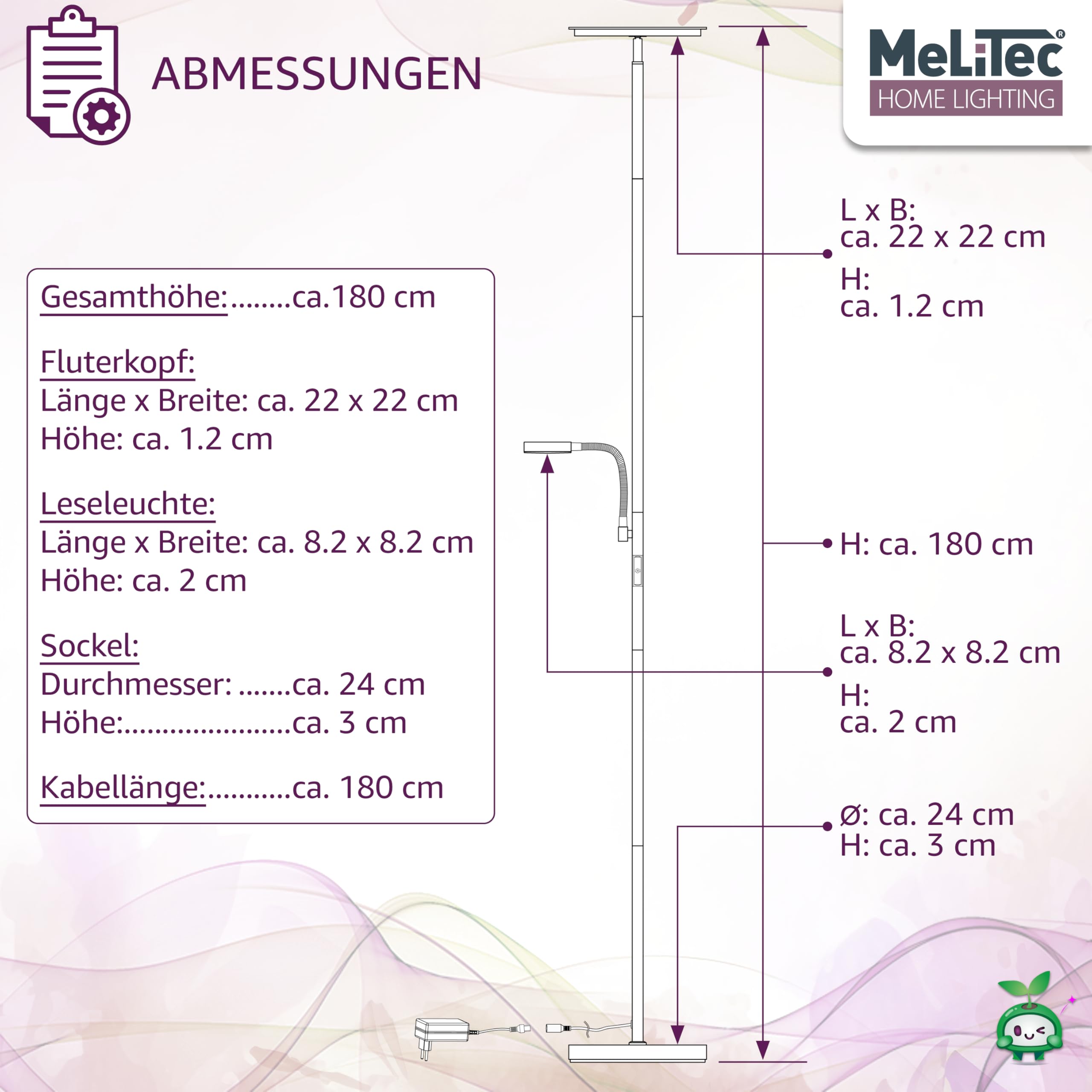 MeLiTec LED Deckenfluter mit Leseleuchte | Titan | Eckig | Dimmbar Warm- bis Kaltweiß | Stehlampe | ST59