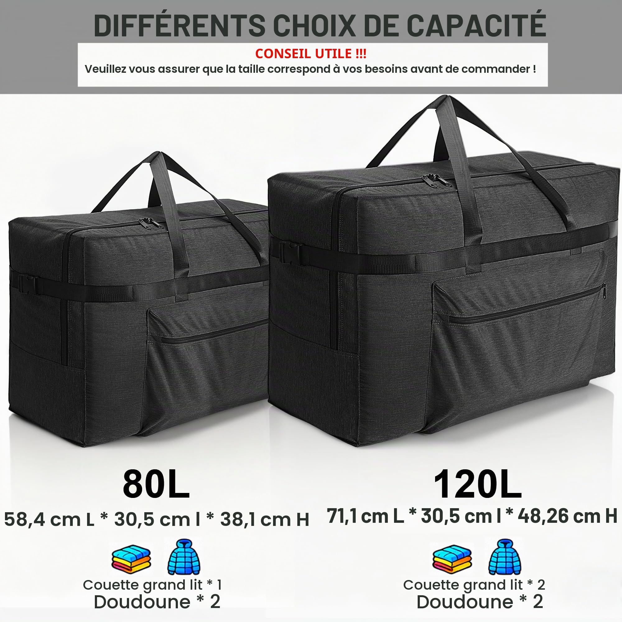 120L Sac de Voyage, Grand Sac de Voyage Imperméable et Résistant aux Déchirures, pour Déménagement, Rangement, Voyage, Camping pour Homme et Femme