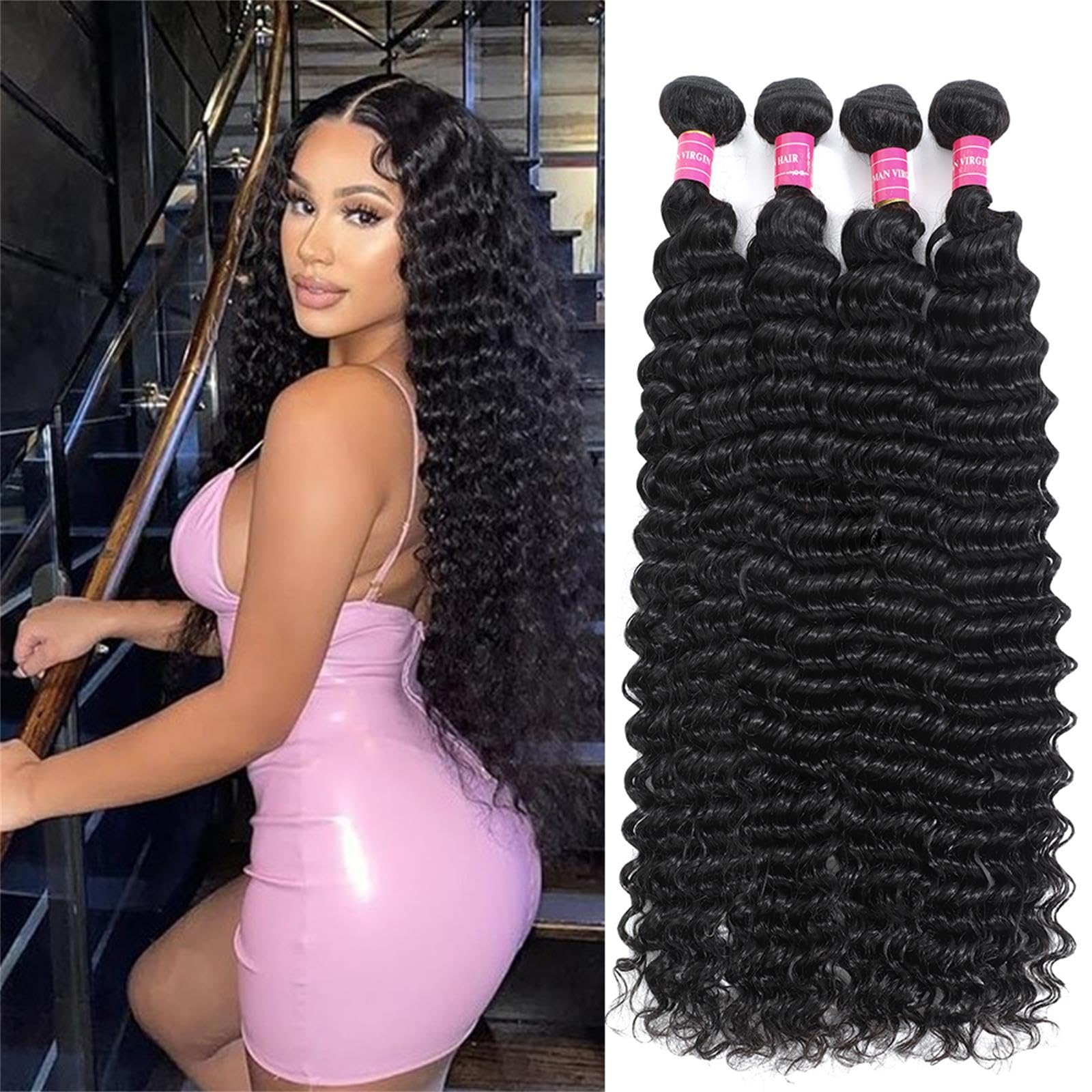 Curly Bundles Human Hair Deep Wave Bundles Human Hair 12 A Deep Wave Bundles 100% Unprocessed Brazilian Virgin Human Hair Extensions Natural Color 22