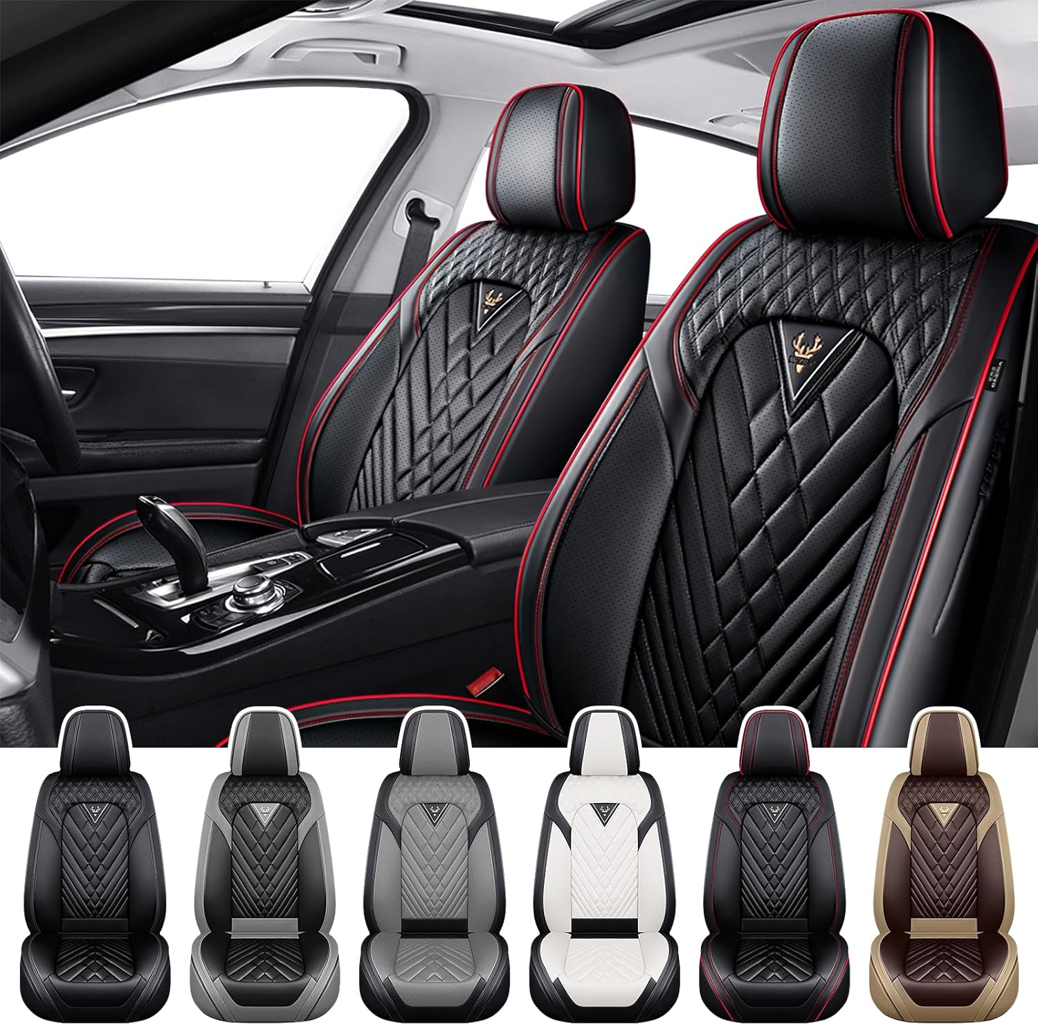 Seat Covers, Car Seat Covers Front Seats, Waterproof Nappa Leather Car Seat Cover, Anti-Slip Car Seat Protector, Automotive Seat Covers Seat Cushion Fit for Most Cars(2PCS/Black Red)