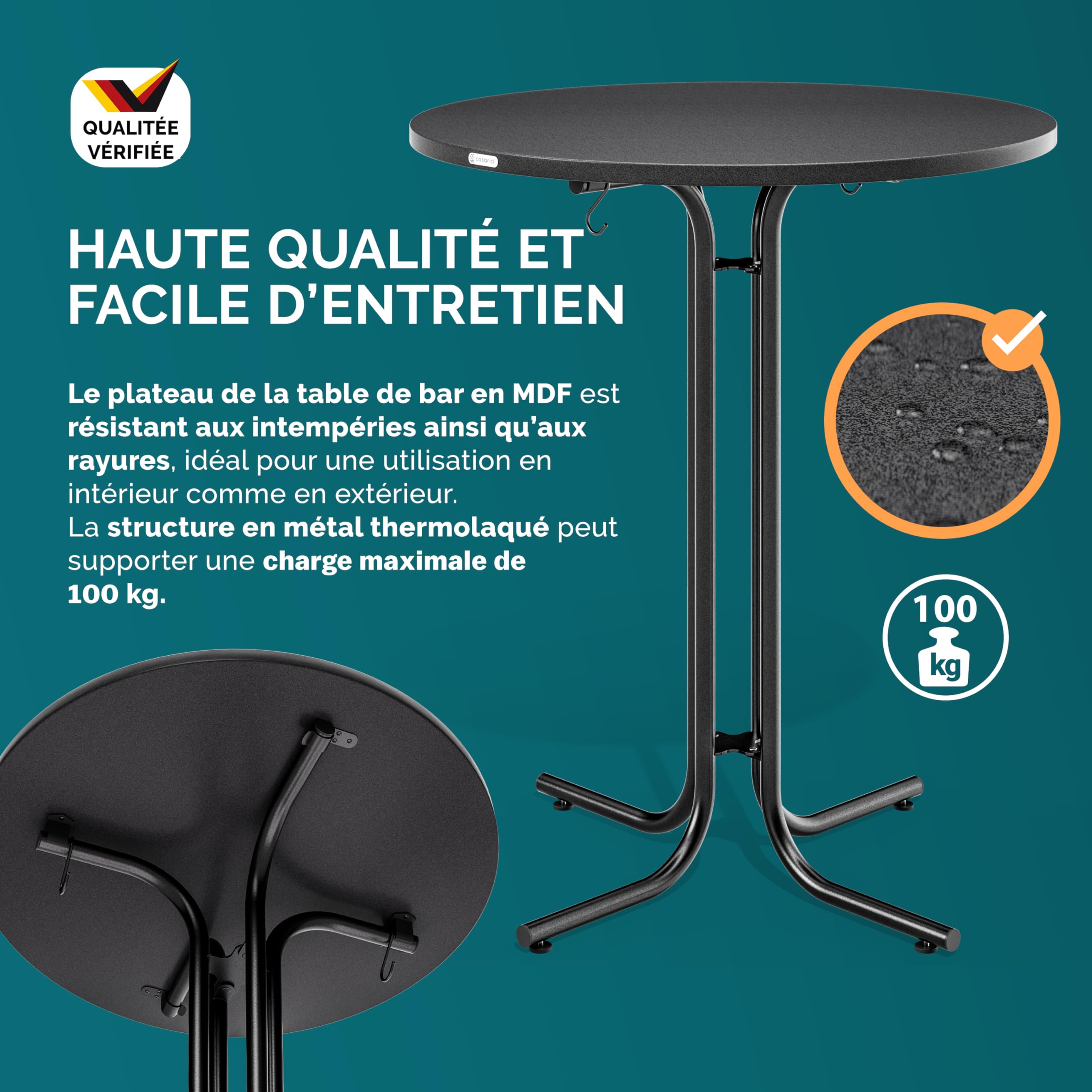 Casaria® Table de Bar Grise Ronde Ø80 cm Pliable Haute de 110 cm Plateau de Table en MDF Mange Debout Table d'appoint