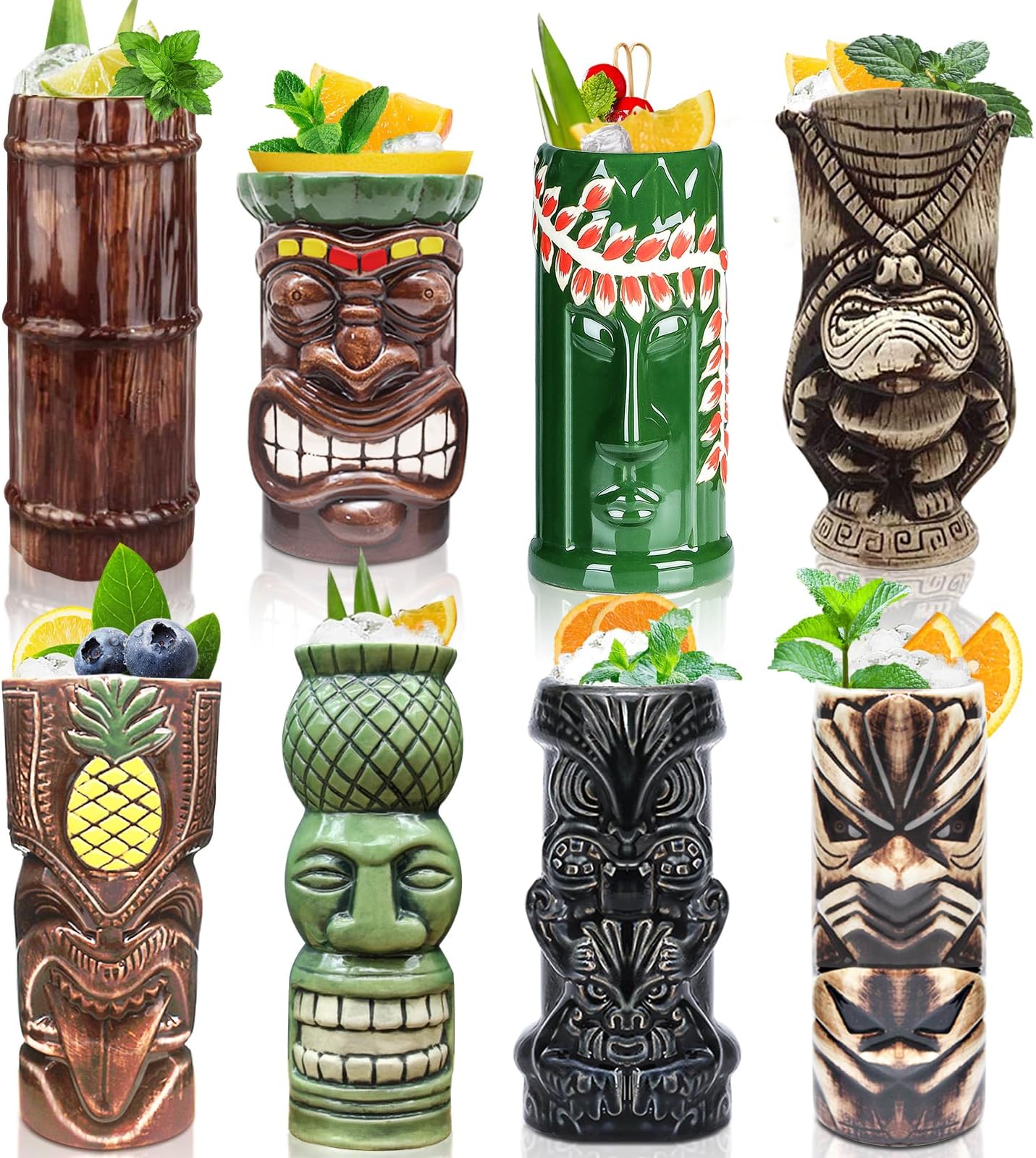 LINALL Tiki Mugs Cocktail Set of 8 - Tumblers Ceramic Hawaiian Luau Party Mugs Drinkware, Cute Exotic Cocktail Glasses, Tiki Bar Professional Hawaiian Party Barware, TKSET0017 (8pcs)