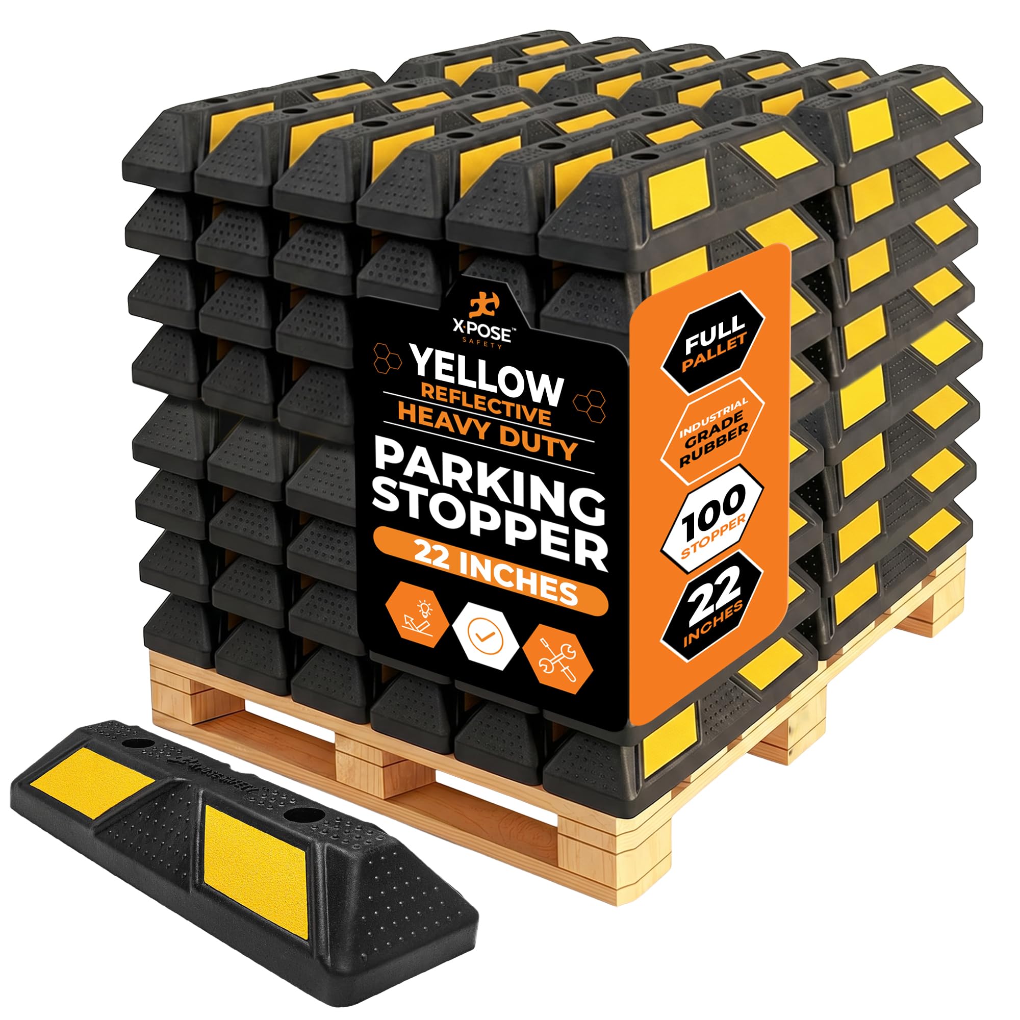 Xpose Safety 22" Heavy Duty Rubber Parking Stopper (Bulk Full Pallets 100 Pack) – Wheel Stops, Lot Bumpers &amp; Parking Curb for Garage, Driveway or Ramp – Car Bumper Stops with Yellow Reflective Strips