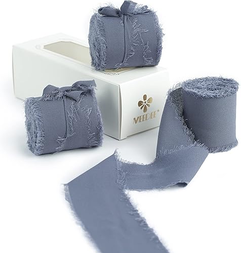 MEEDEE Cinta de gasa azul oscuro de 2 pulgadas, cinta deshilachada de gasa azul polvoriento para manualidades, cintas de gasa de seda para envolver